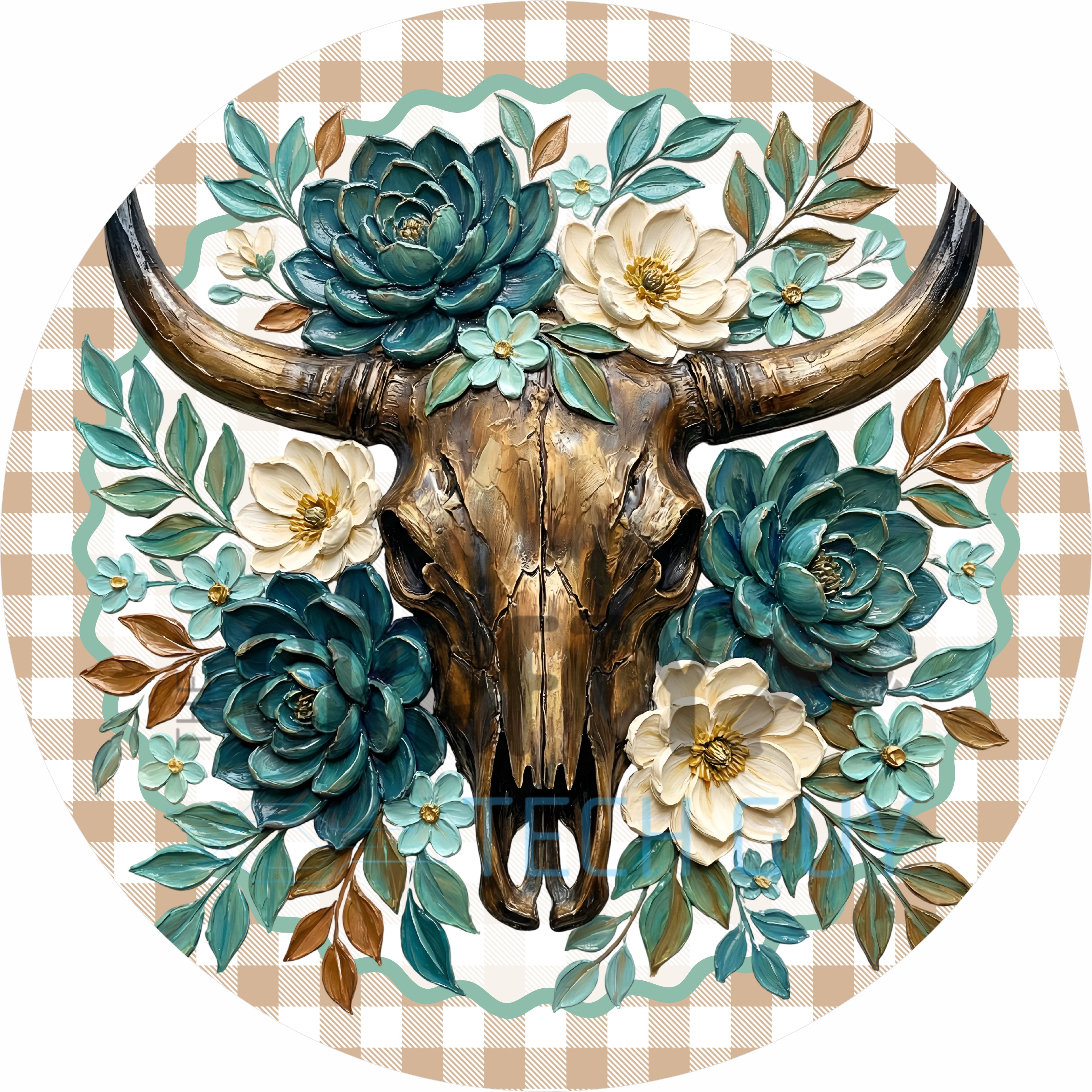 Boho Cow Skull Floral Round Wreath Sign