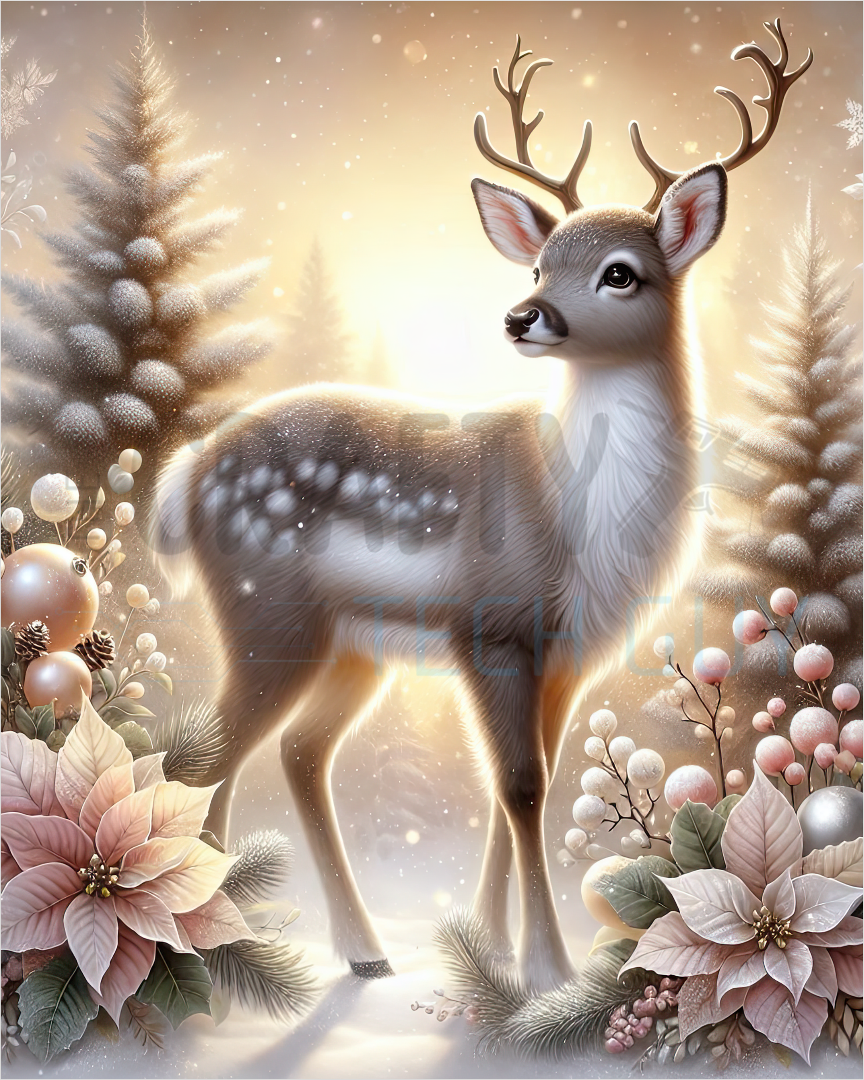 Elegant Deer Christmas Wreath Sign, Winter Woodland Holiday Decor, Frosted Poinsettia and Deer Scene Sign for Neutral Christmas Wreaths