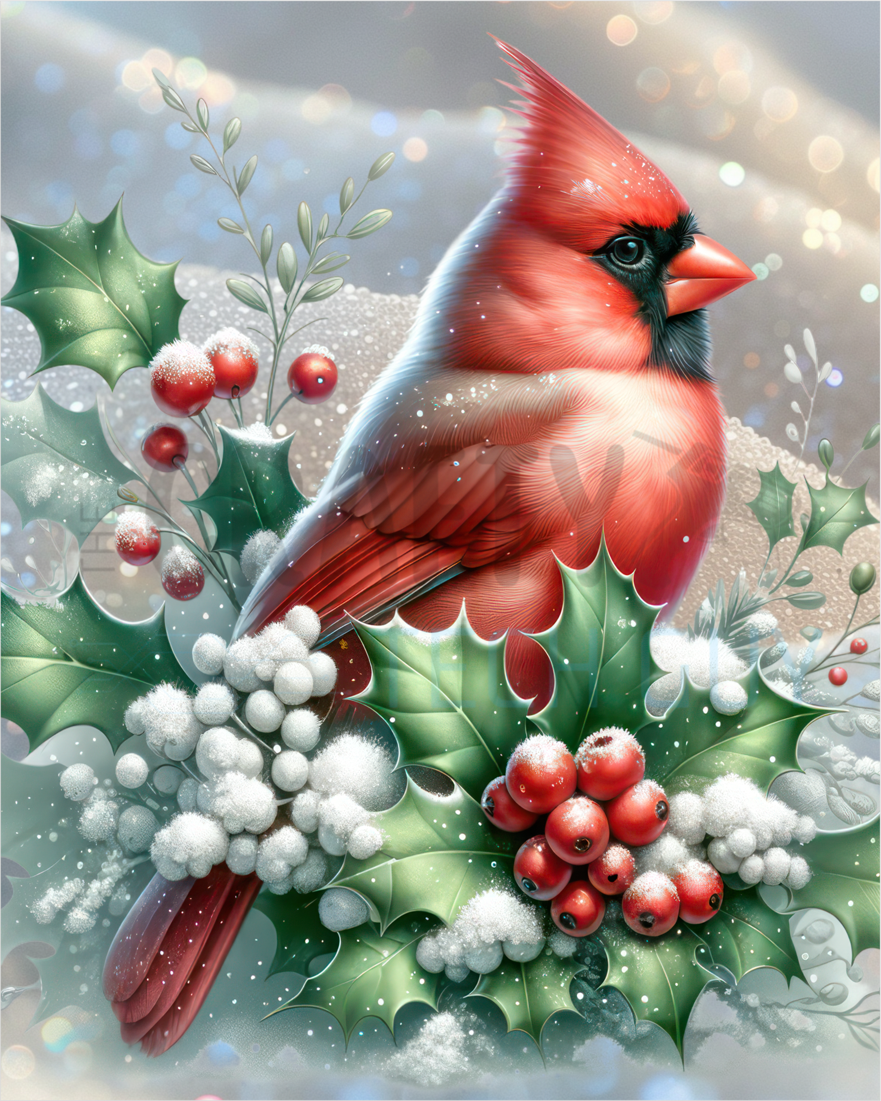 Cardinal Christmas Wreath Sign, Red Bird and Holly Holiday Decor, Peaceful Winter Scene Sign, Snowy Cardinal Sign for Nature Wreaths