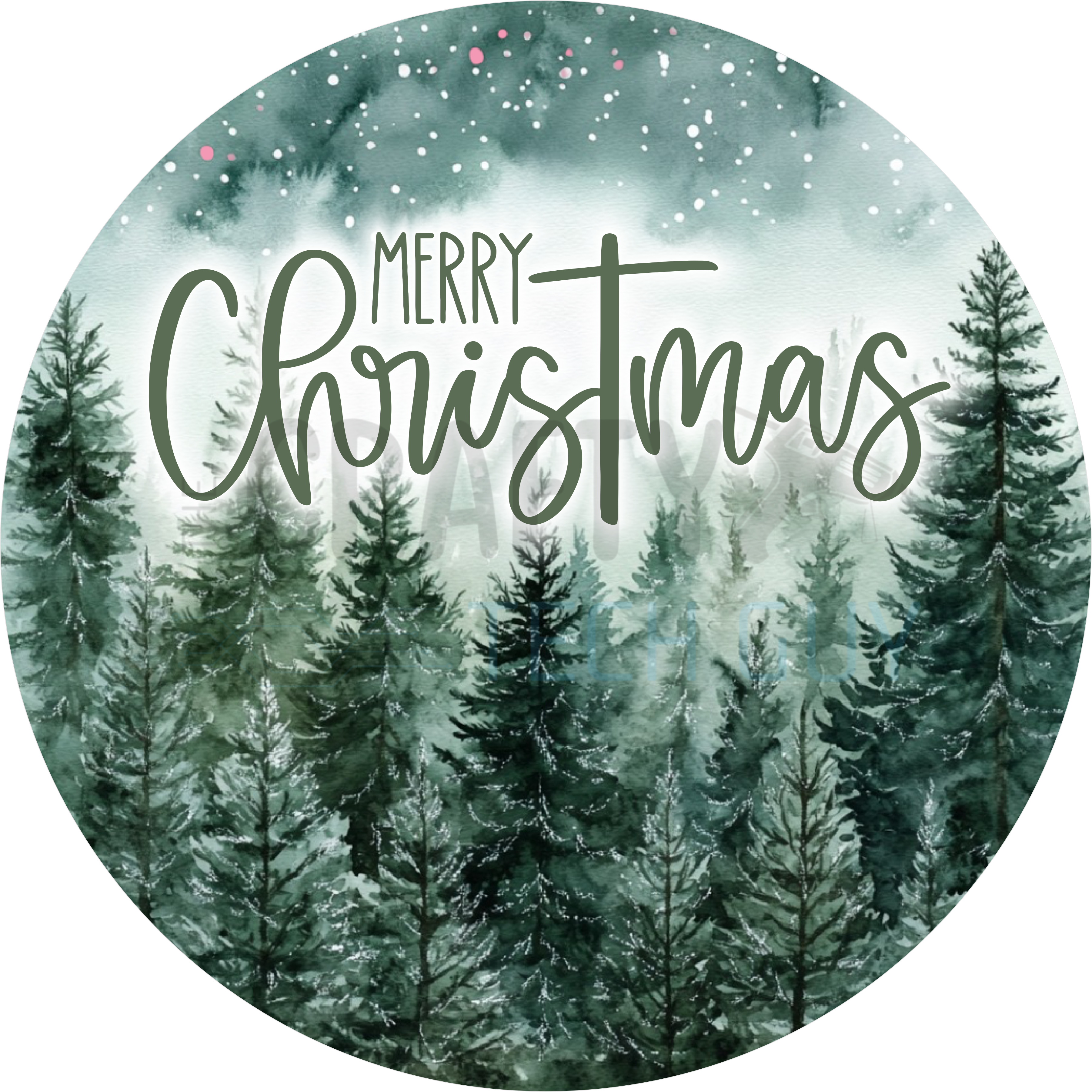 Merry Christmas Sign with Snowy Evergreen Forest, Watercolor Winter Trees, and Peaceful Woodland Holiday Scene
