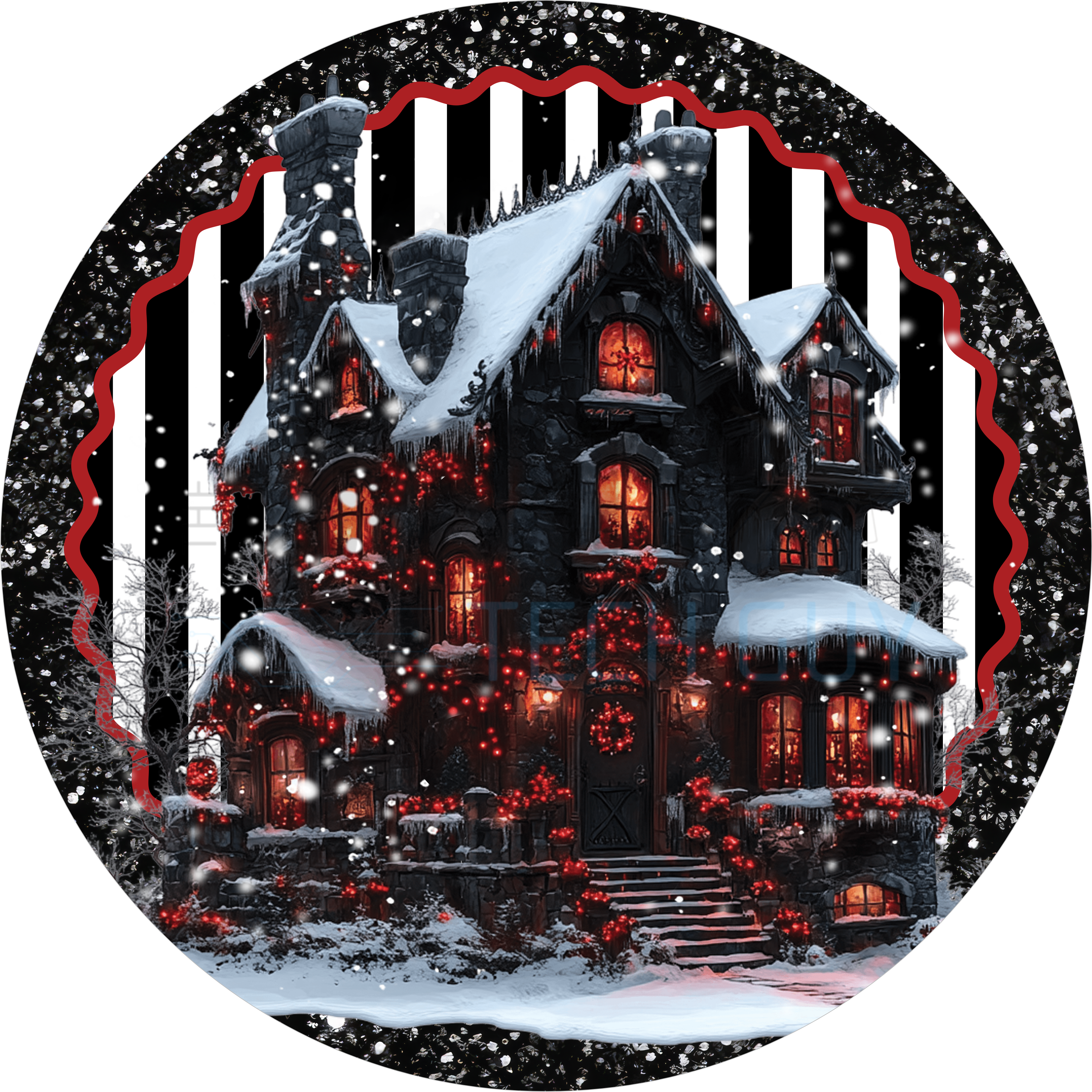 Haunted Christmas Mansion Sign, Dark Holiday Decor for Wreaths and Displays, Spooky Gothic House with Red Lights and Snow