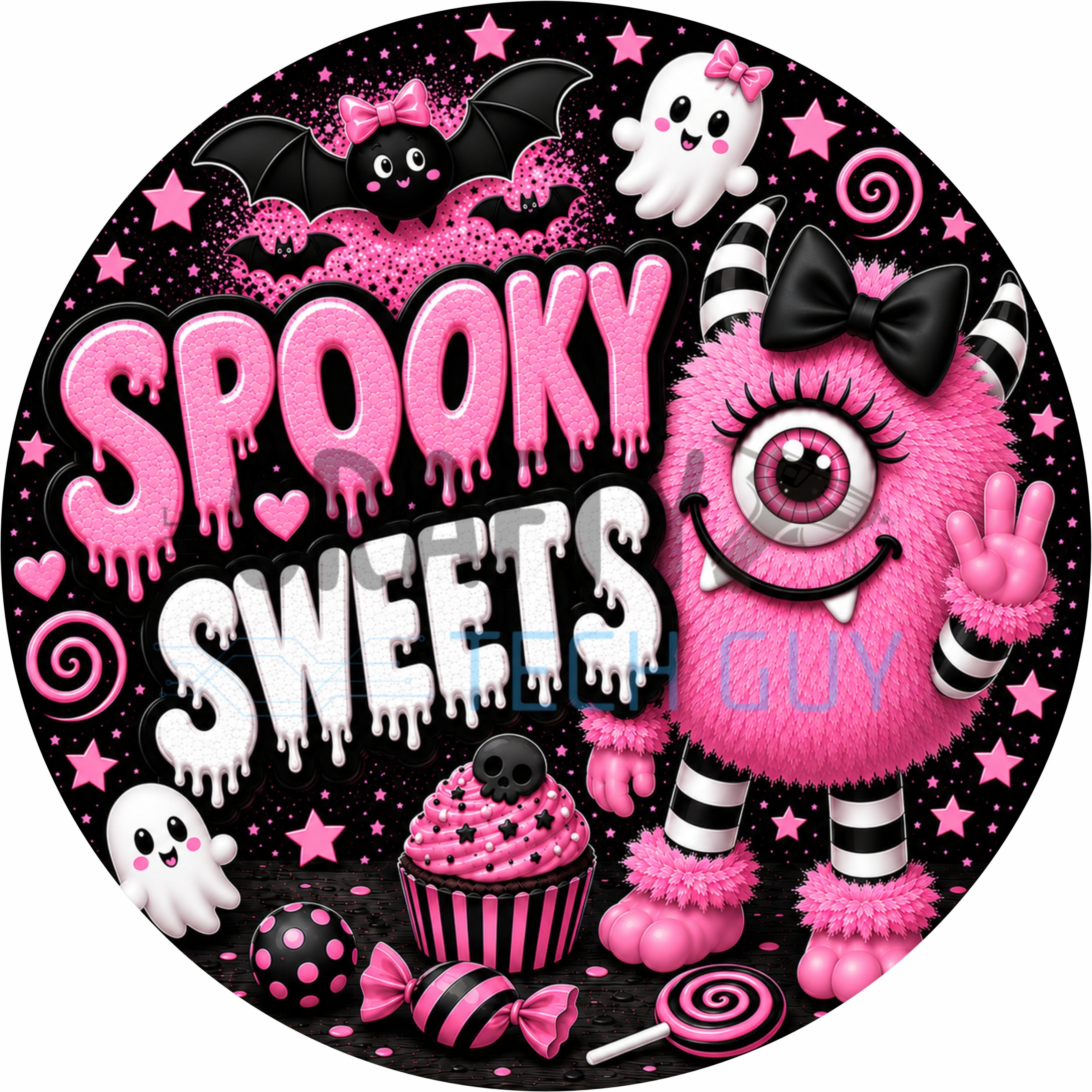 Spooky Sweets Pink Monster Halloween Round Wreath Sign