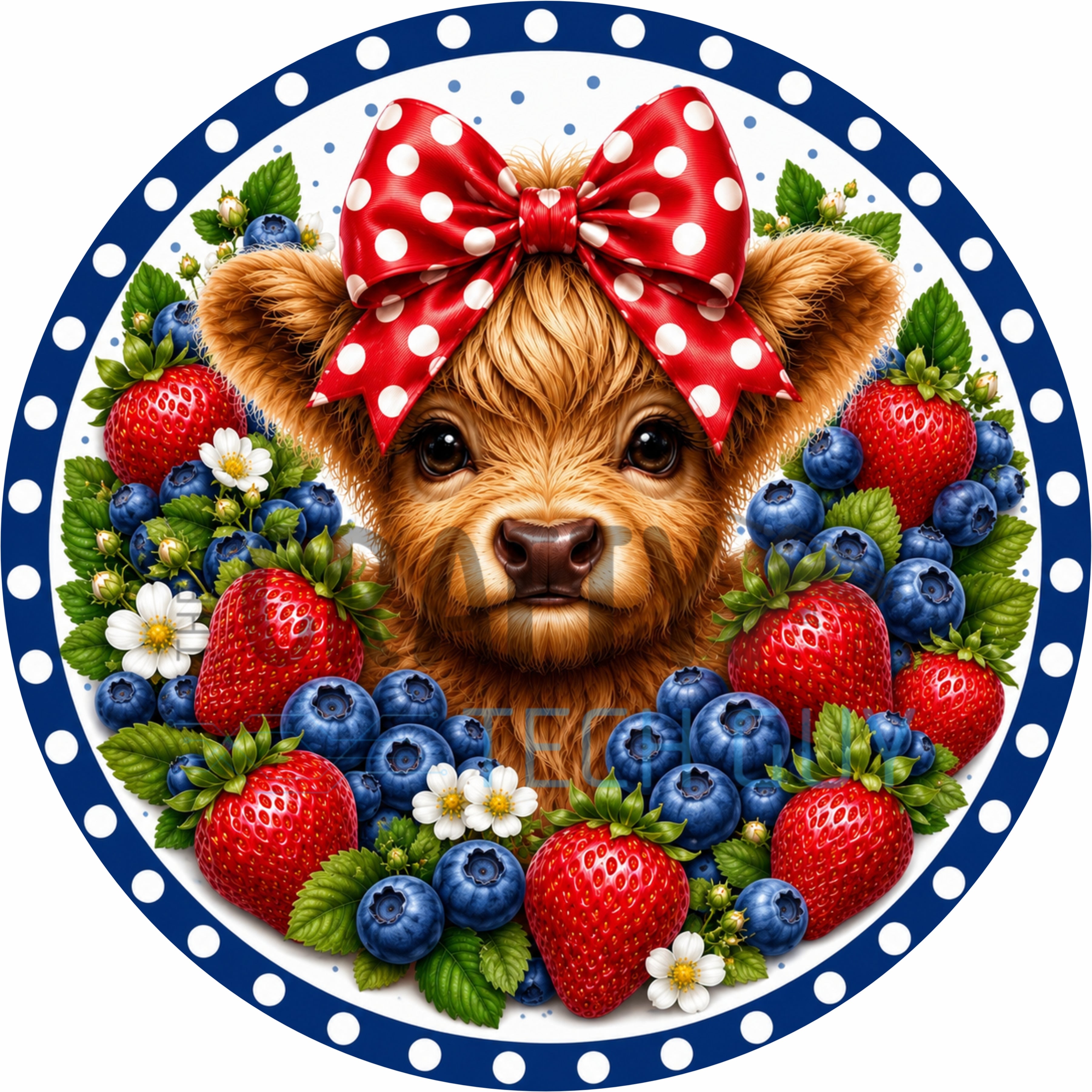 Strawberry Blueberry Highland Cow Round Wreath Sign