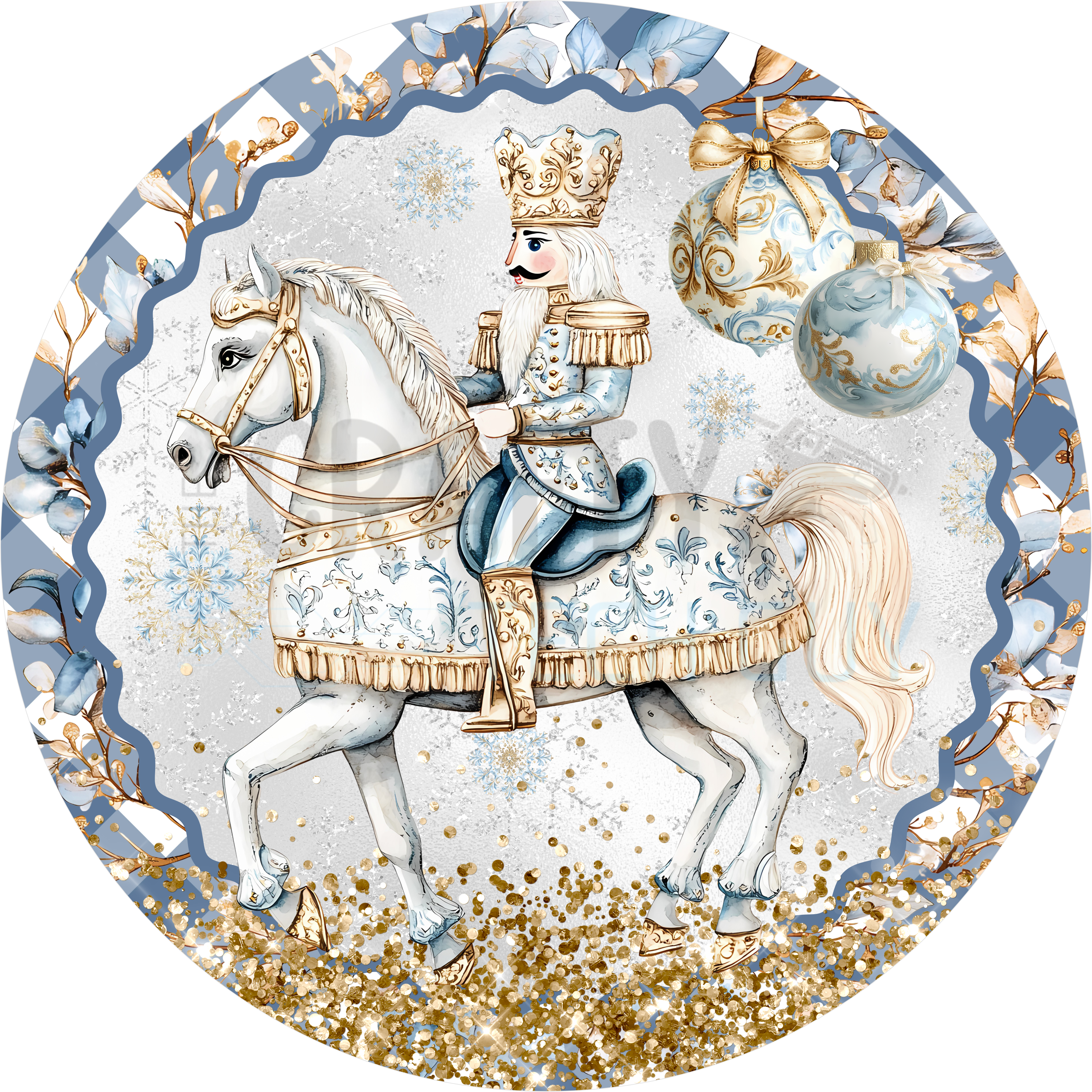 Regal Nutcracker King on Horseback Design with Blue and Gold Ornaments, Elegant Winter Florals, and Glitter Accents