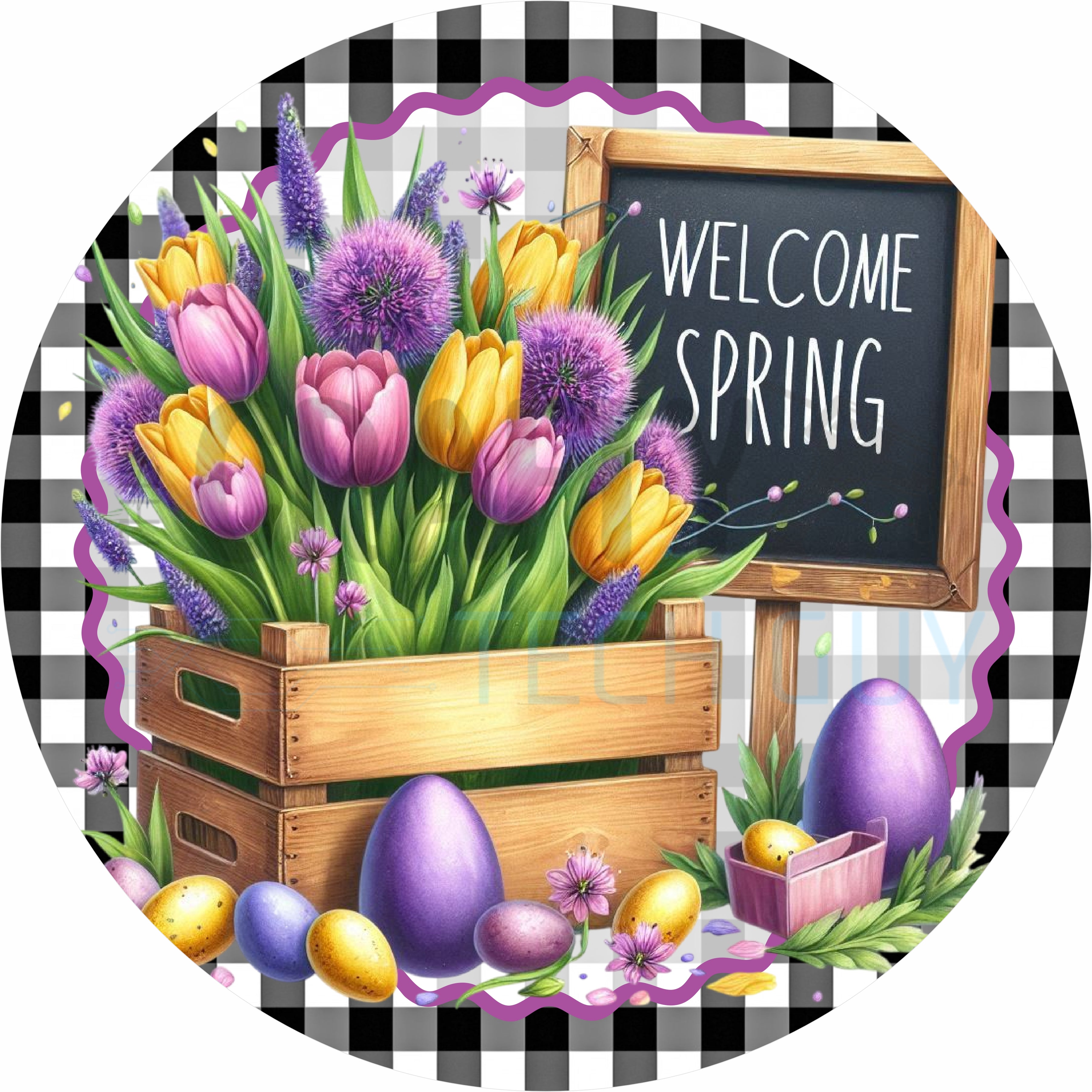 Welcome Spring Round Wreath Sign with Tulips, Easter Eggs, and Black & White Gingham
