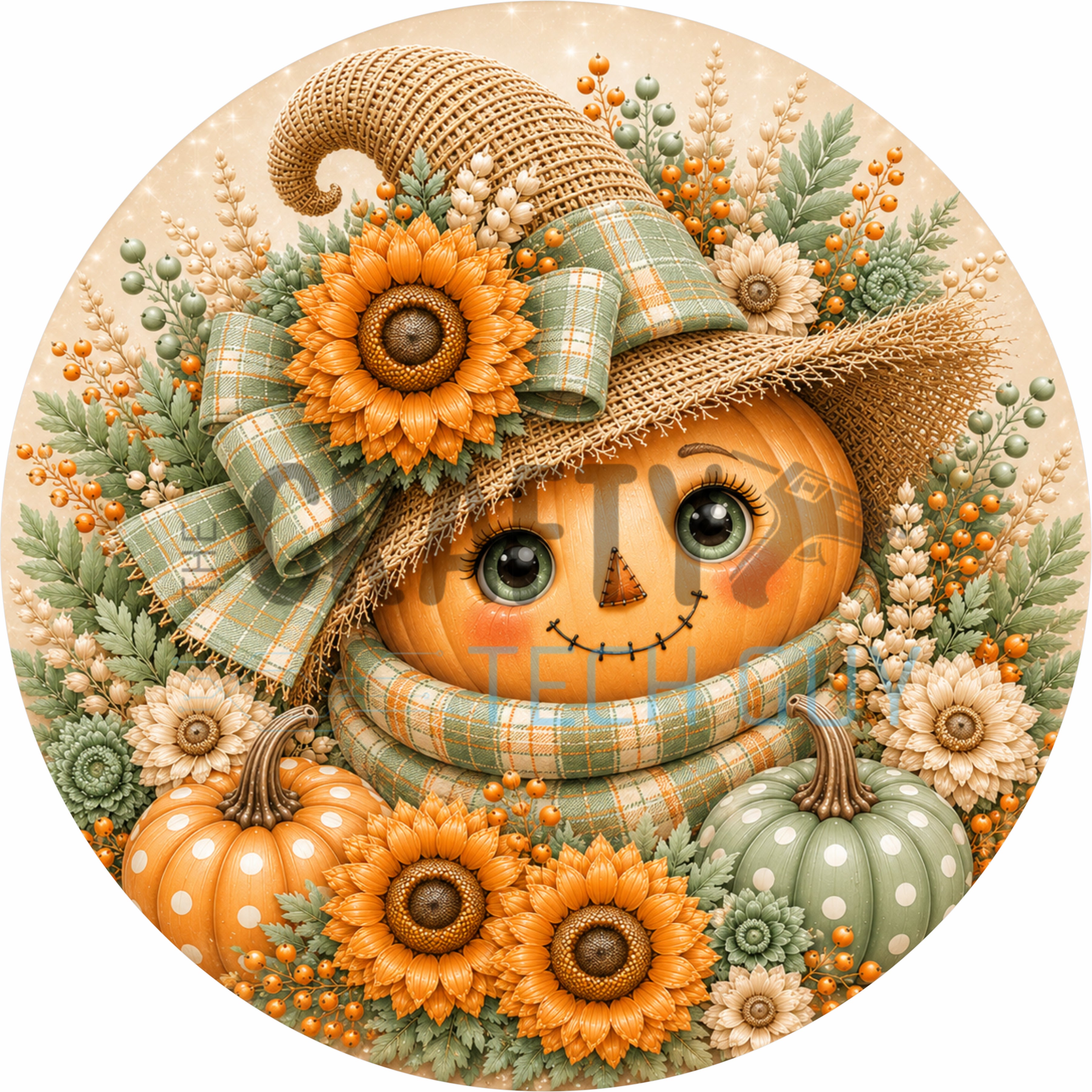 Sage Harvest Scarecrow Pumpkin Round Wreath Sign