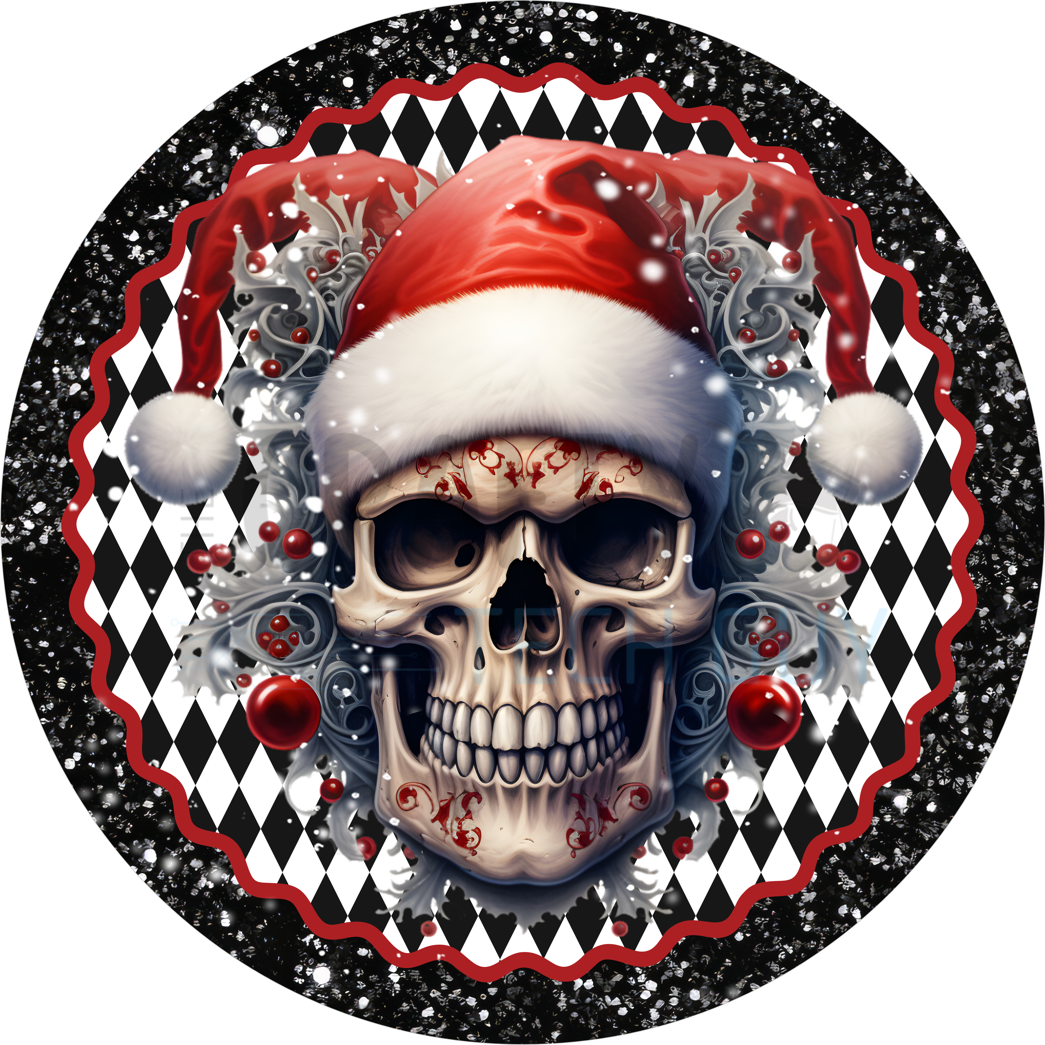 Creepy Santa Skull Christmas Sign, Gothic Holiday Decor with Red Ornaments and Harlequin Pattern for Dark Winter Wreaths