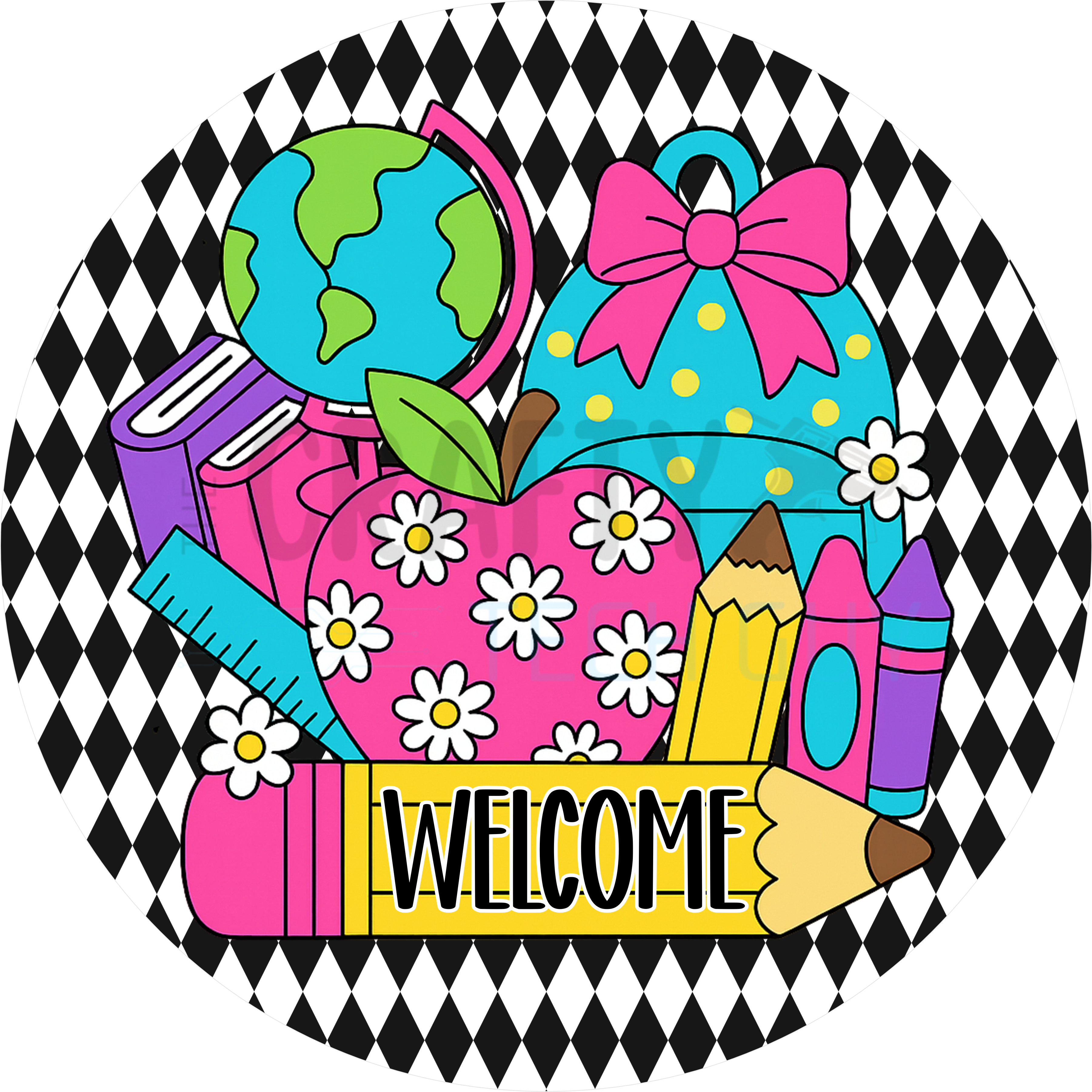 Colorful Teacher Welcome Sign with Apple, Backpack, Globe, and School Supplies on Black and White Harlequin Background