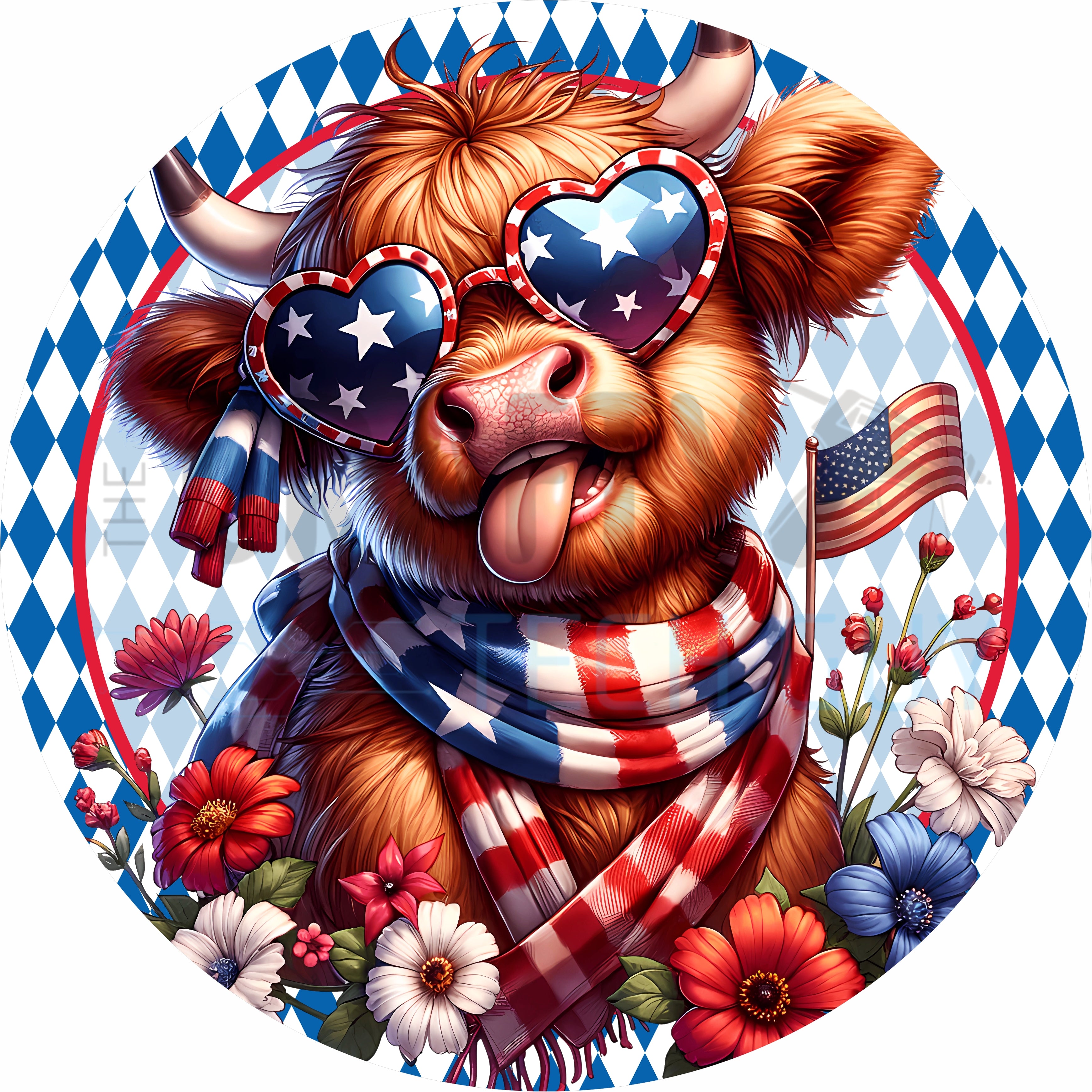 Patriotic Highland Cow Round Wreath Sign – Red White & Blue Americana Summer Design