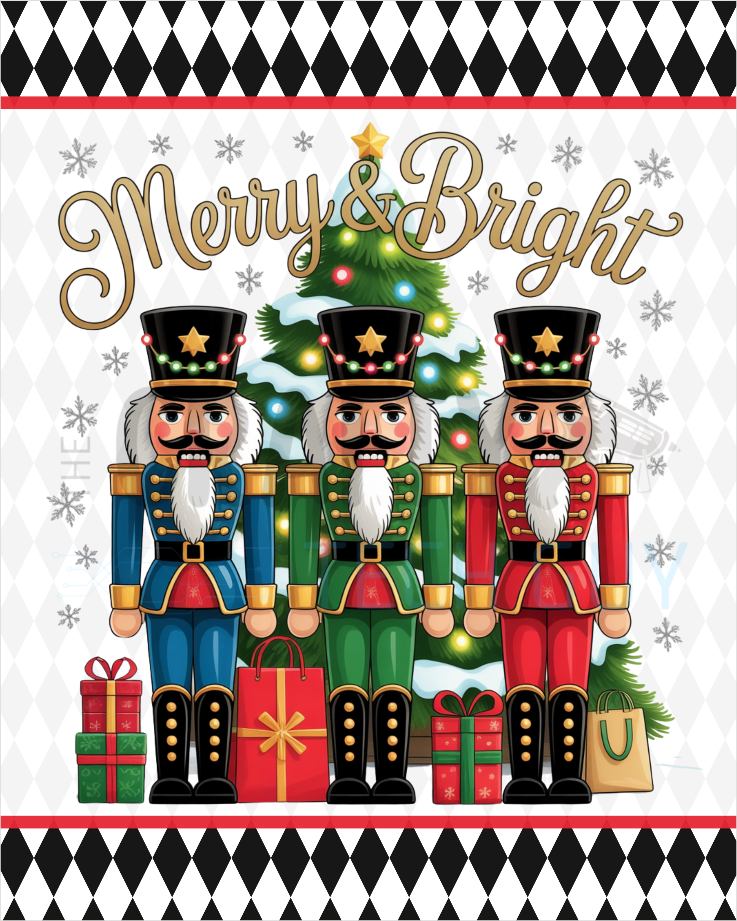 Nutcracker Christmas Sign – Trio of Soldiers with Tree and Gifts, “Merry & Bright” Holiday Decor for Wreaths and Displays