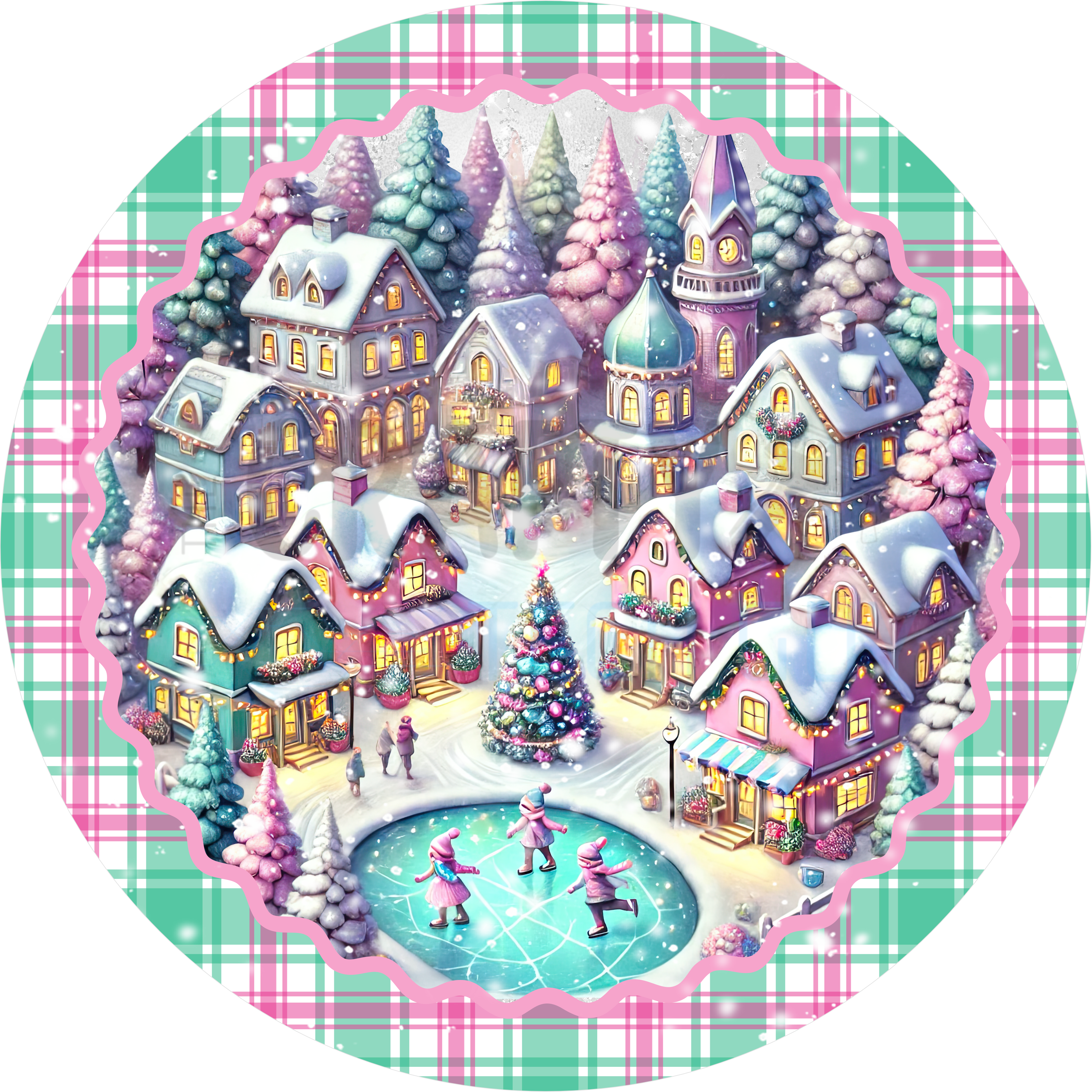 Pastel Christmas Village Design | Winter Wonderland Scene with Ice Skaters and Tree for Holiday Wreaths and Home Décor