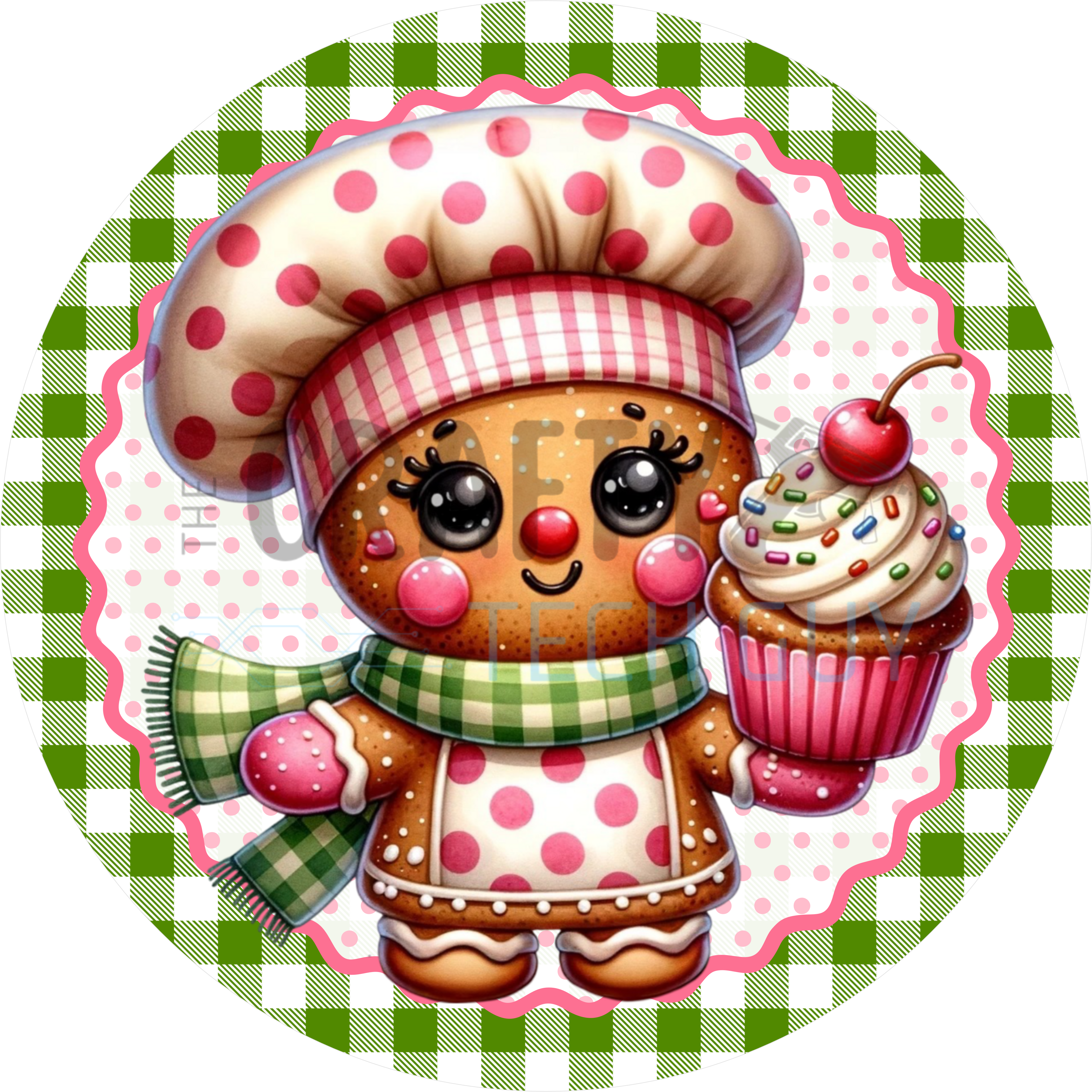 Letrero navideño de niña de jengibre con cupcake, bonito adorno de corona navideña, decoración navideña retro caprichosa para repostería y dulces presentaciones.