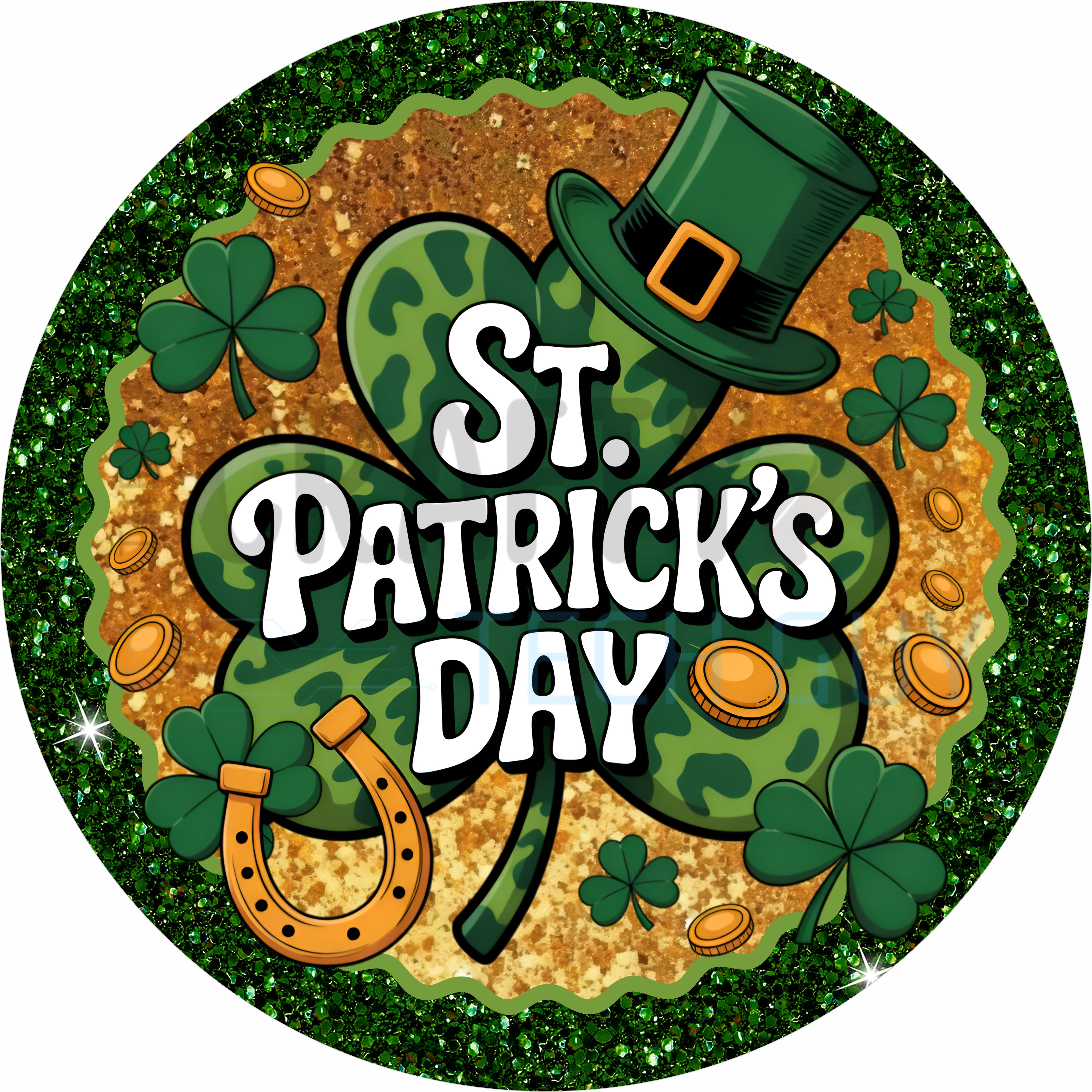 St. Patrick’s Day Shamrock Round Wreath Sign – Lucky Clover, Leprechaun Hat & Gold Coin Irish Holiday Design