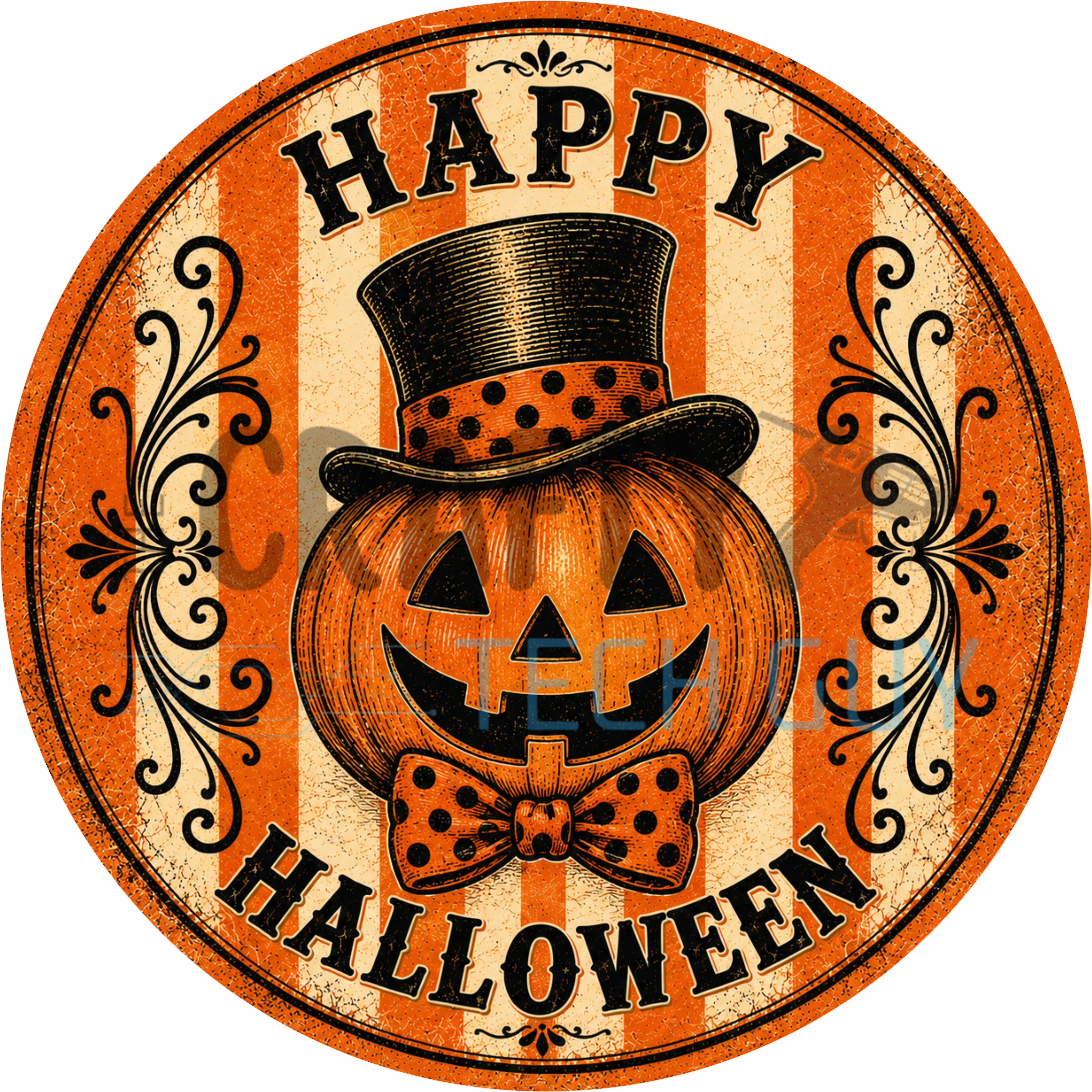 Happy Halloween Vintage Bowtie Pumpkin Round Wreath Sign