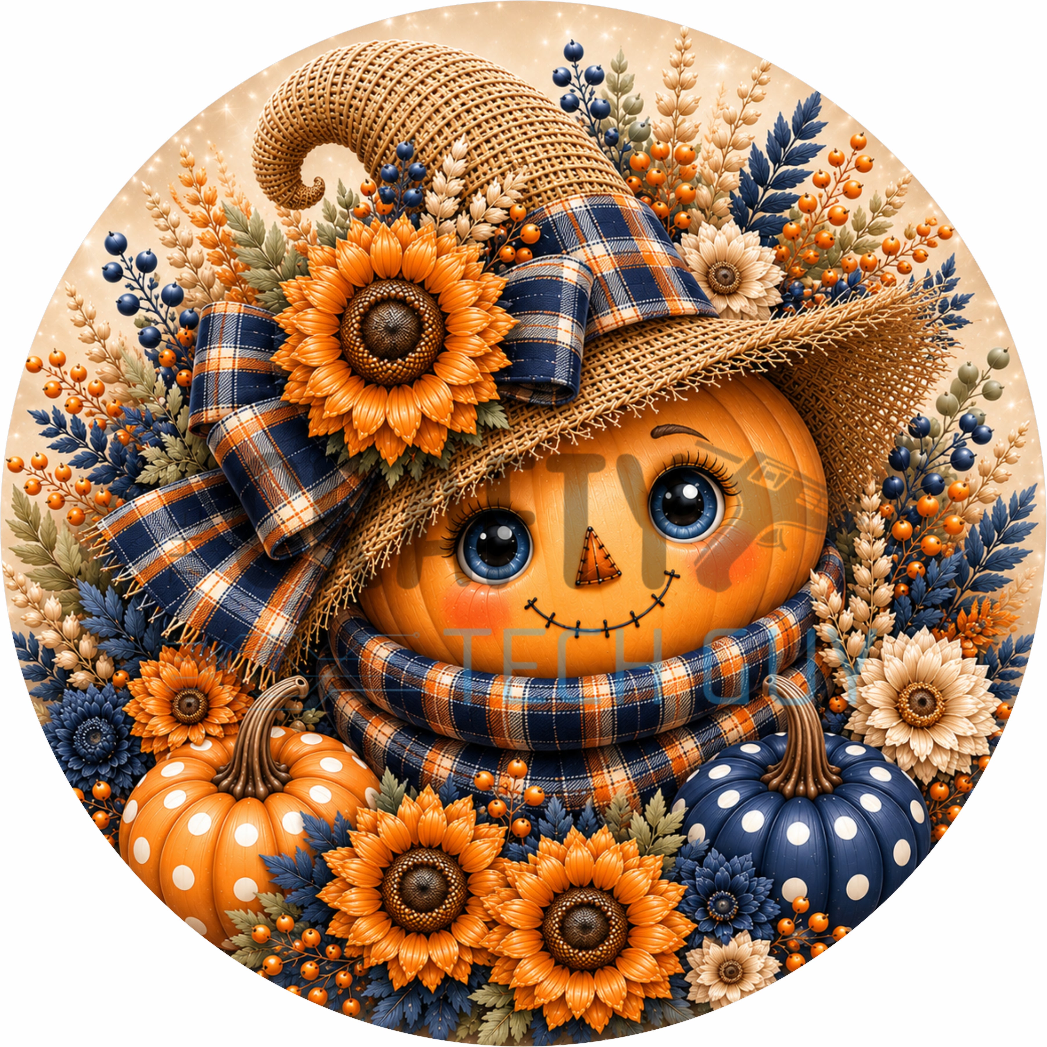 Navy Plaid Scarecrow Pumpkin Round Wreath Sign