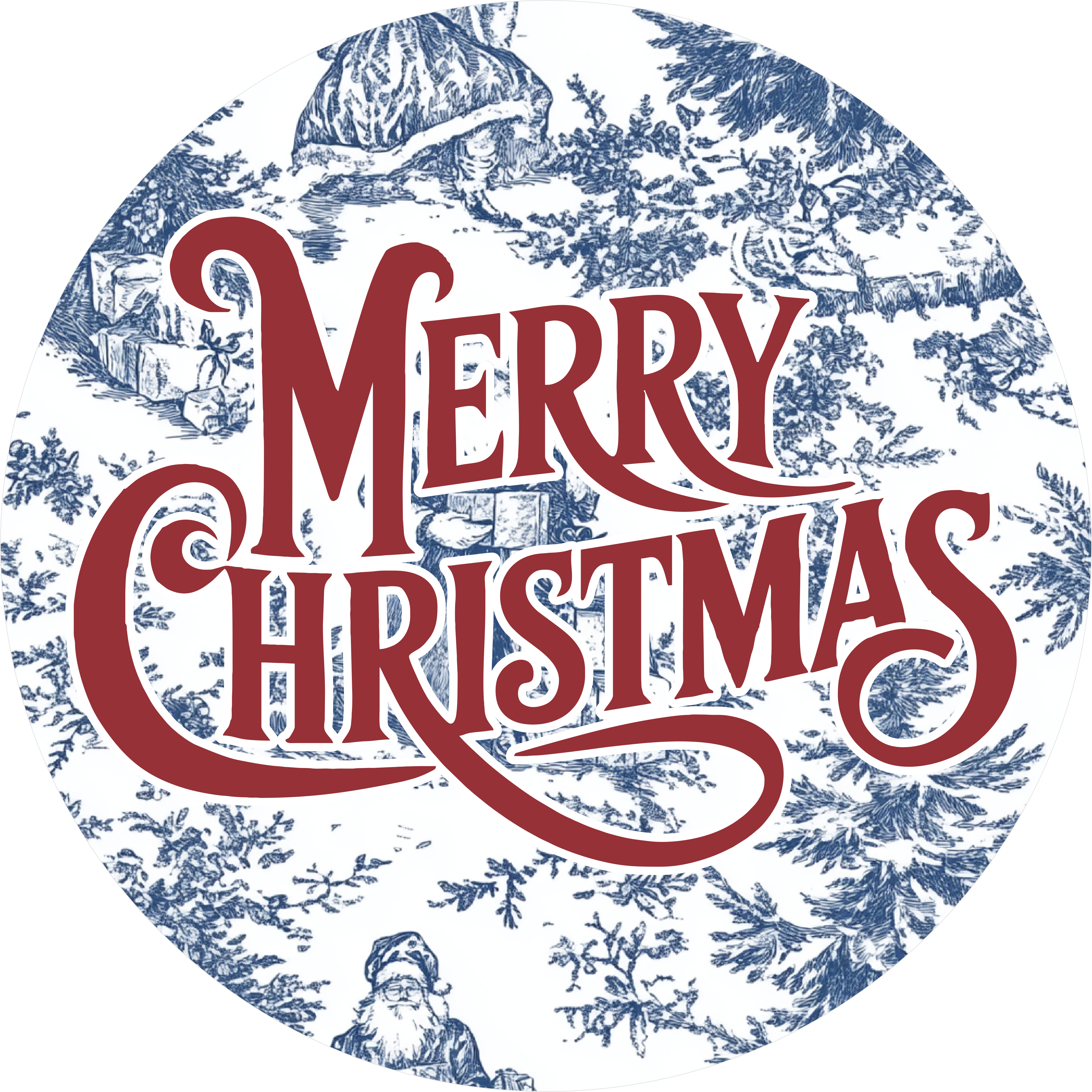 Classic Merry Christmas Sign with Red Script and Blue Toile Background, Vintage Holiday Wreath Accent
