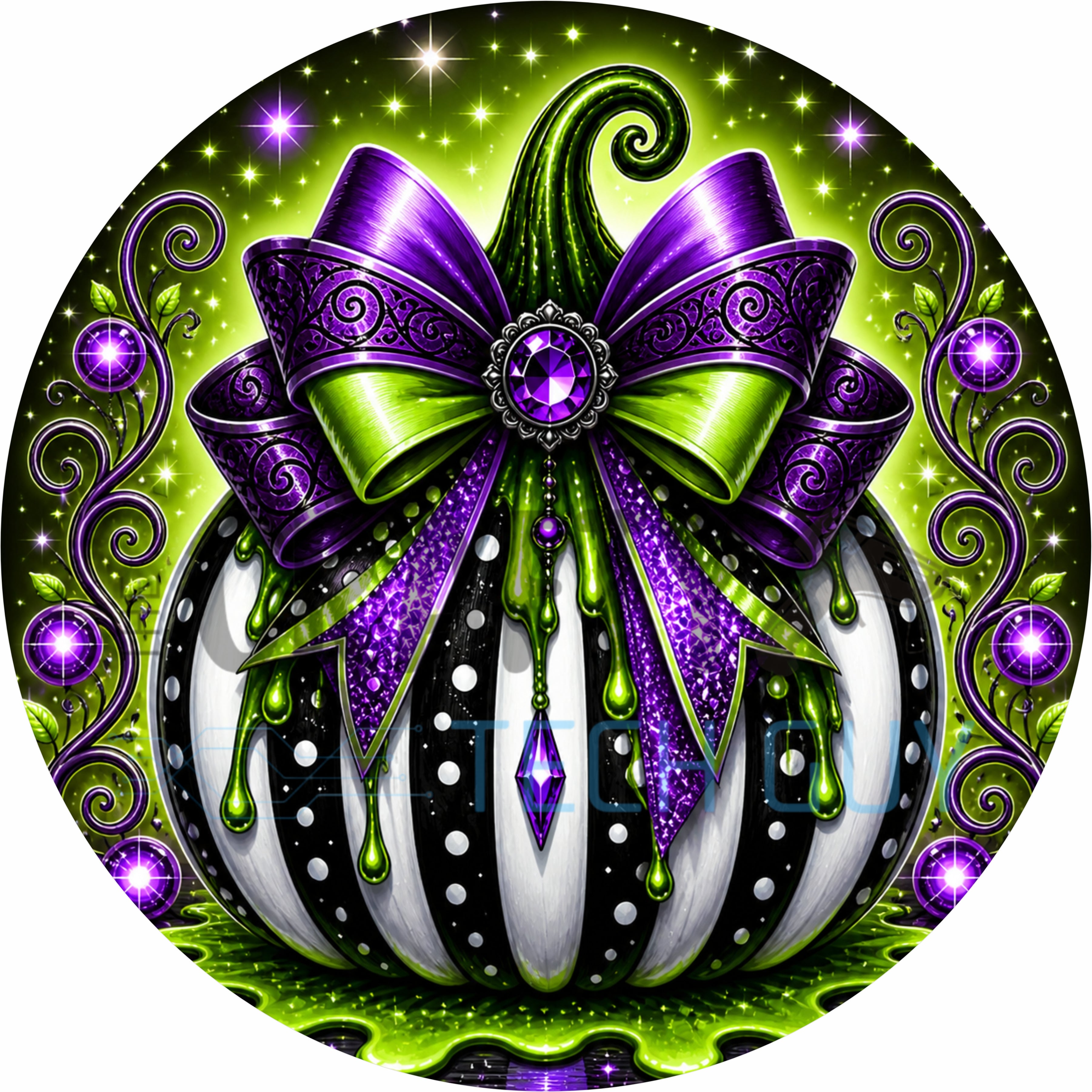 Purple and Lime Glam Halloween Pumpkin Round Wreath Sign