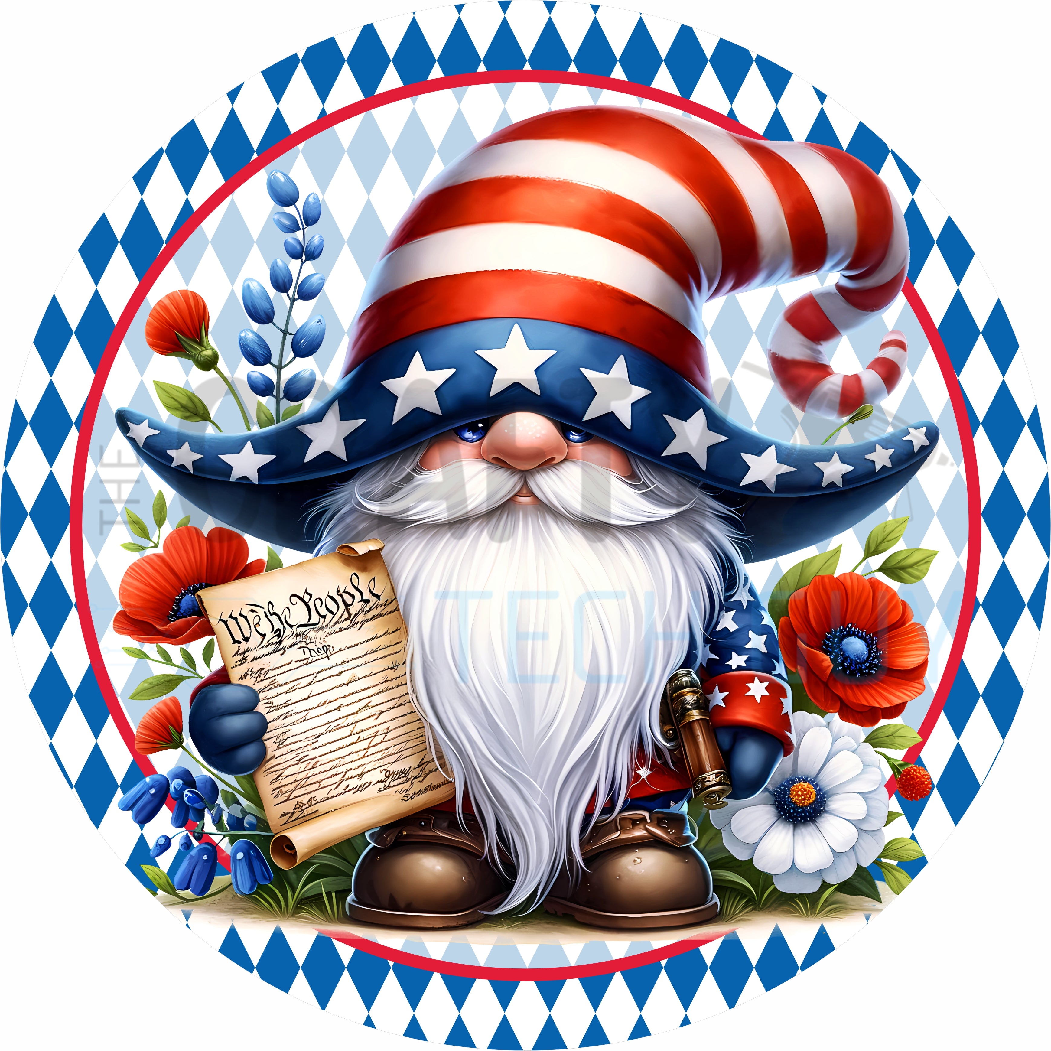 Patriotic Gnome Round Wreath Sign – Red White & Blue Gnome with American Hat, July 4th Americana Home Accent