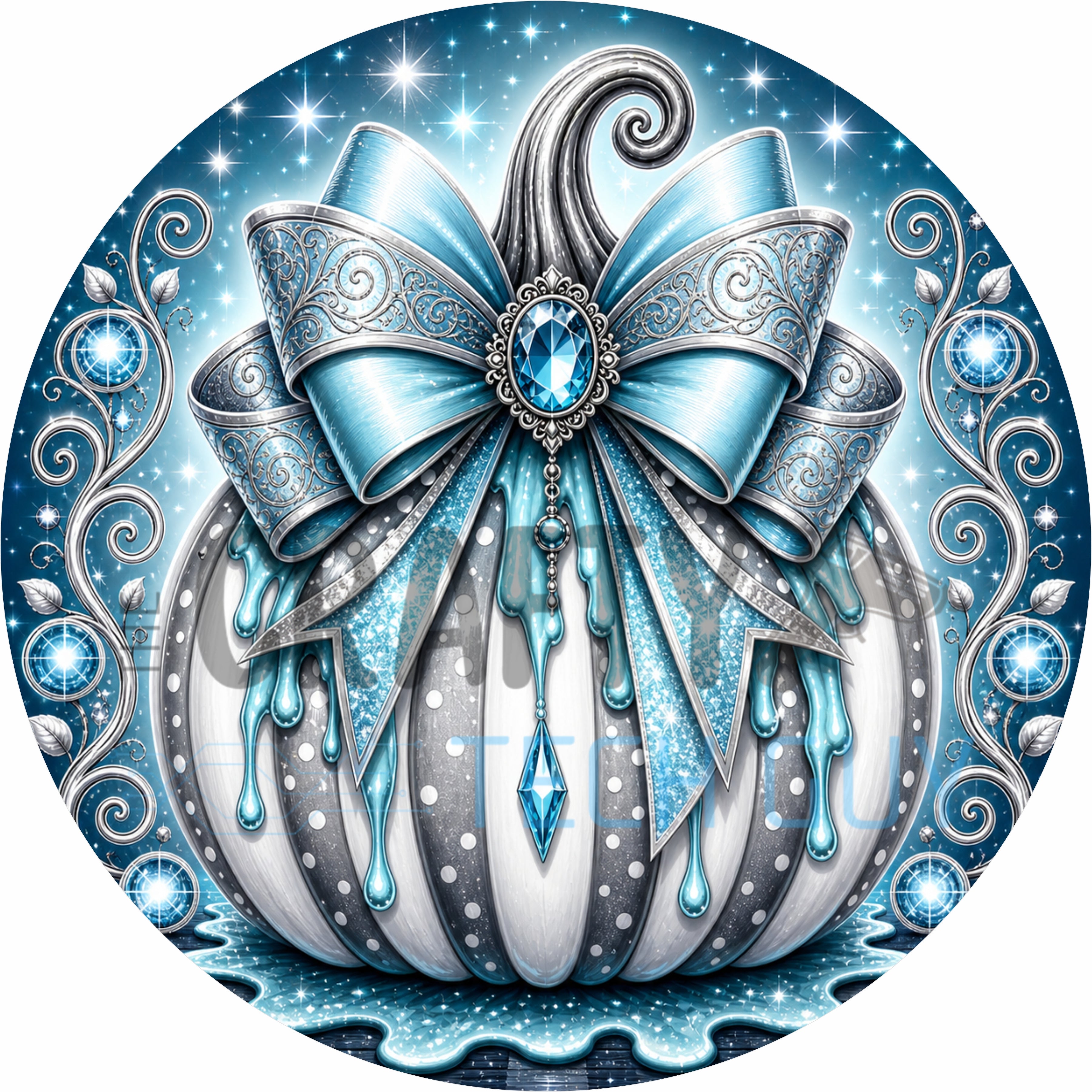 Blue and Silver Glam Halloween Pumpkin Round Wreath Sign