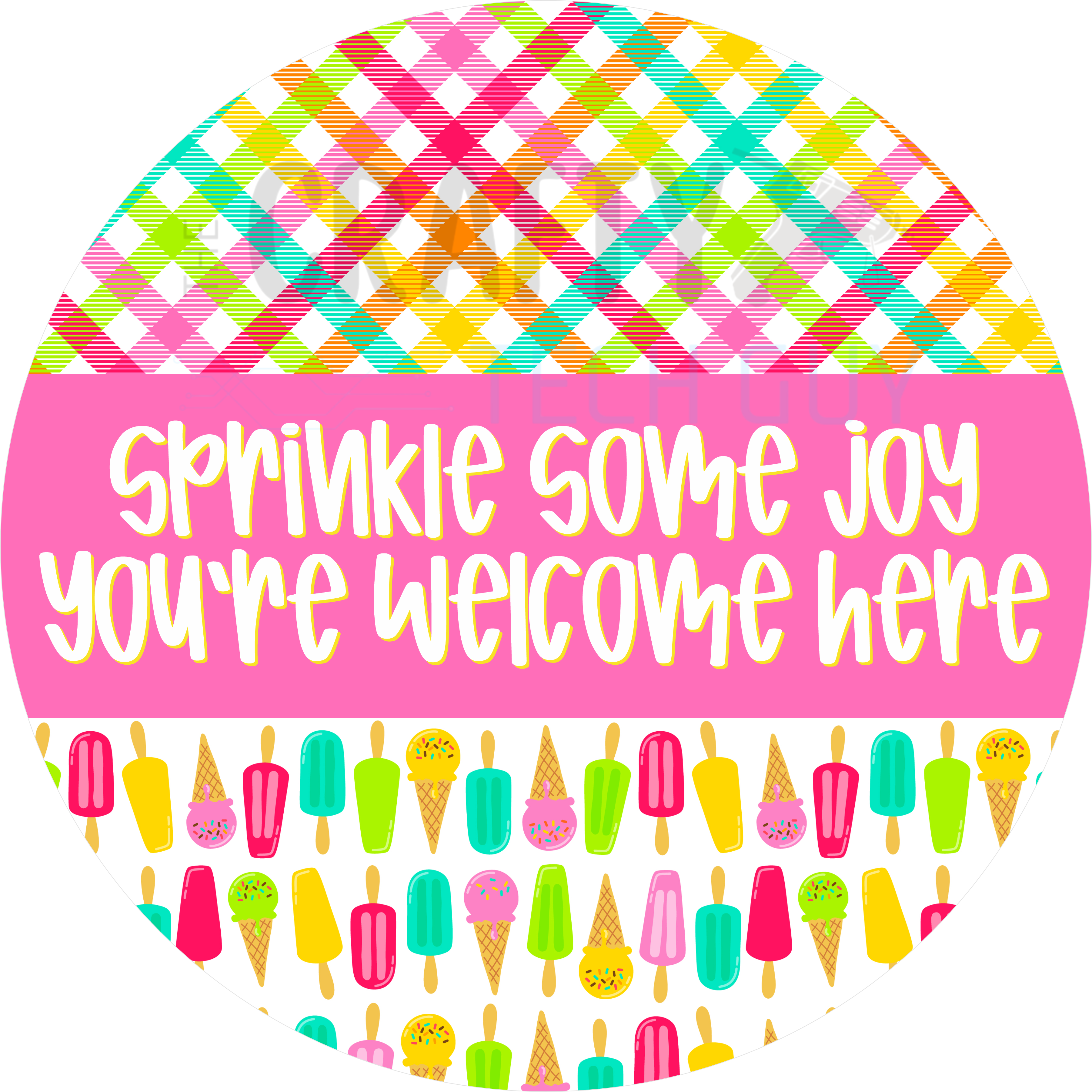 Sprinkle Some Joy Design | Bright Summer Ice Cream and Popsicle Pattern with Pink Plaid Background and Playful Welcome Message
