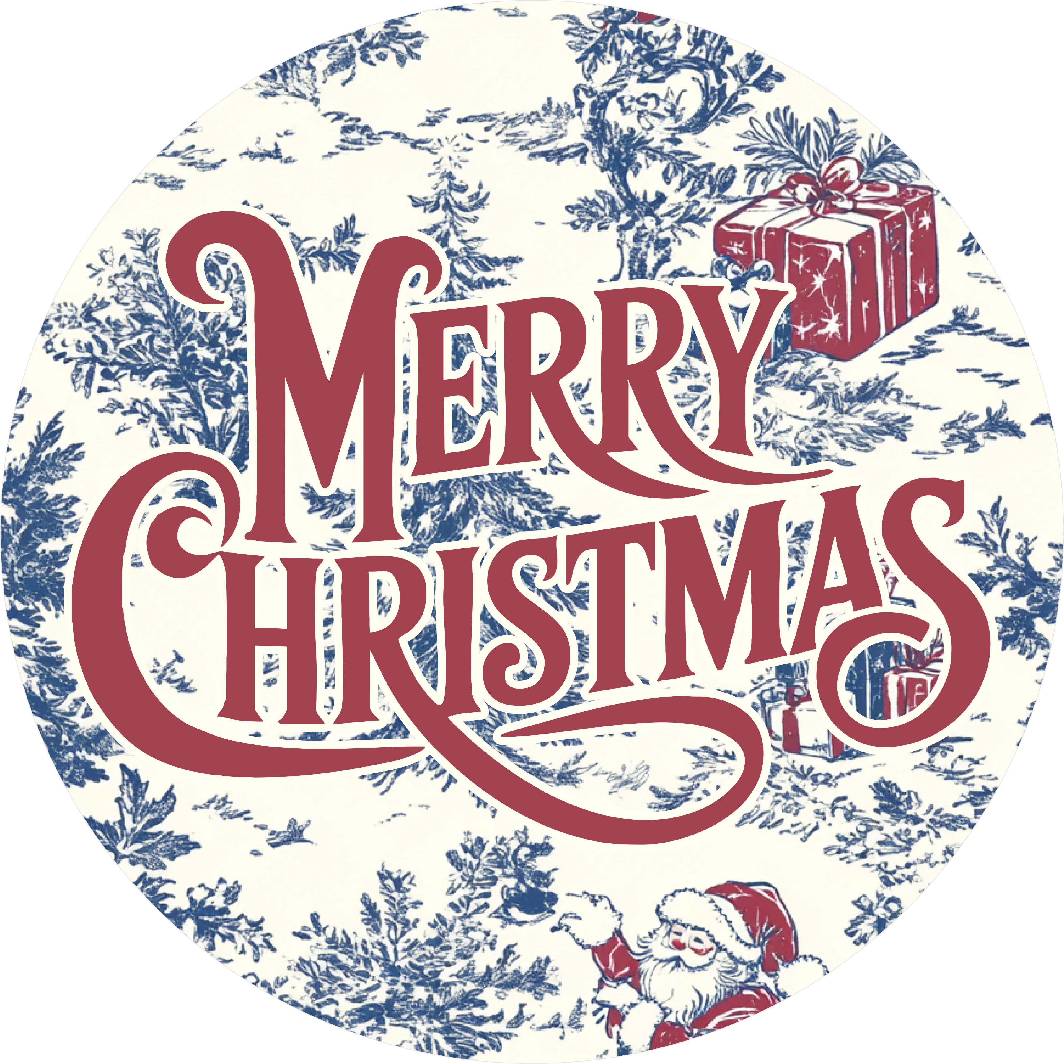 Vintage Merry Christmas Sign with Red Script and Blue Toile Print Featuring Santa and Gifts