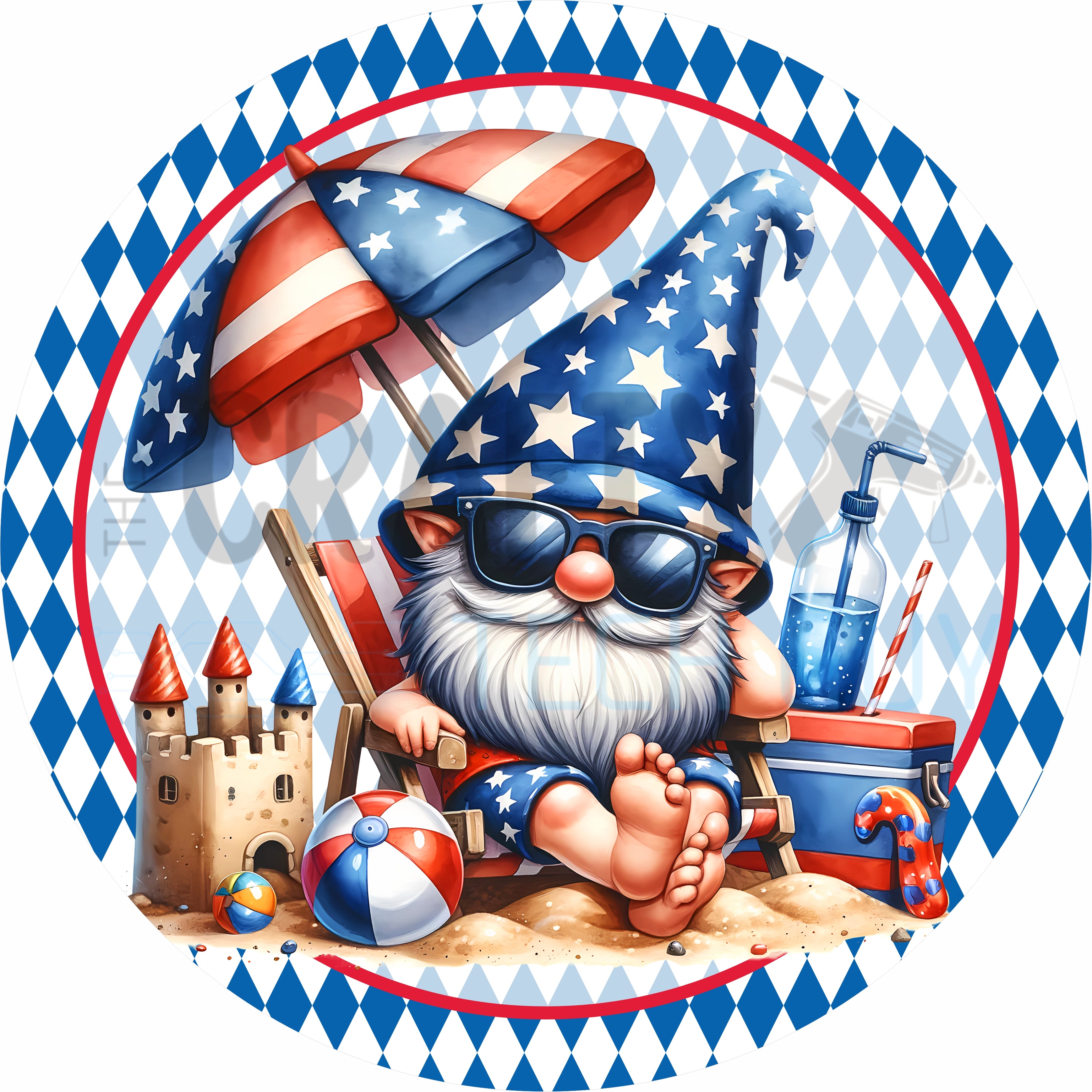 Patriotic Beach Gnome Round Wreath Sign – Red White & Blue Summer Gnome with Stars, July 4th Americana Coastal Style