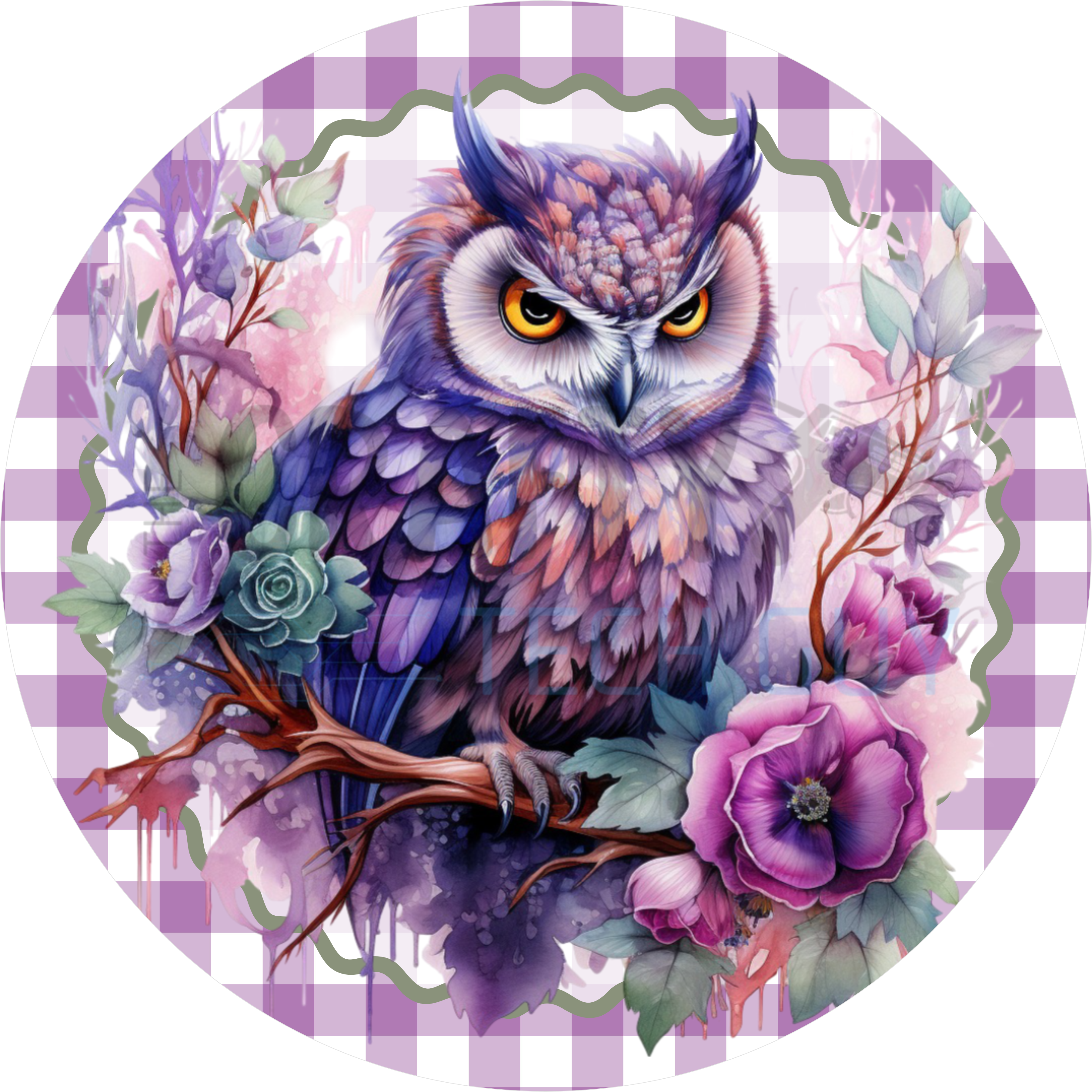 Búho vibrante posado en una rama en el bosque, letrero de corona, letrero de búho, arte de pared de búho, letrero para amantes de los búhos