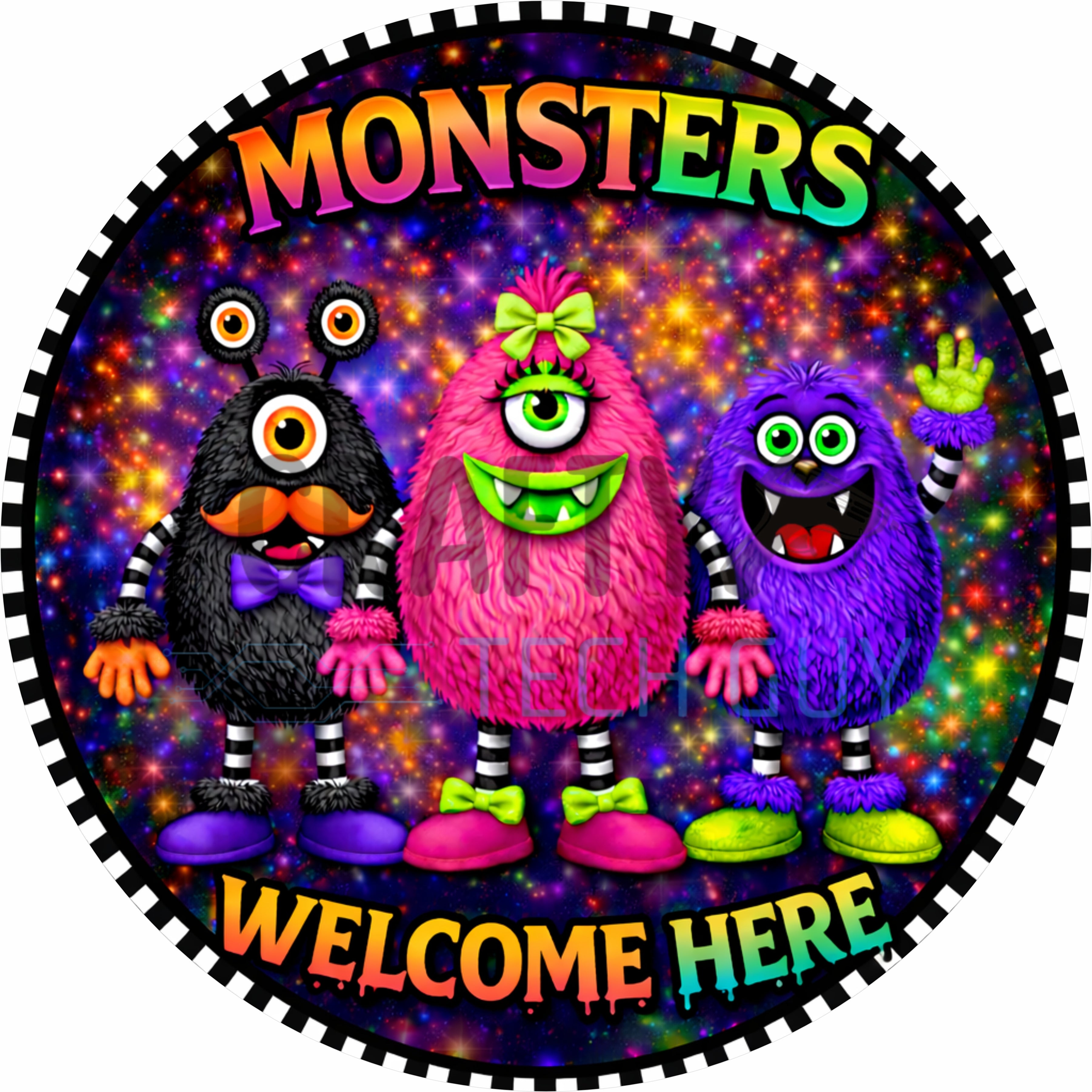 Neon Galaxy Monsters Welcome Here Halloween Round Wreath Sign