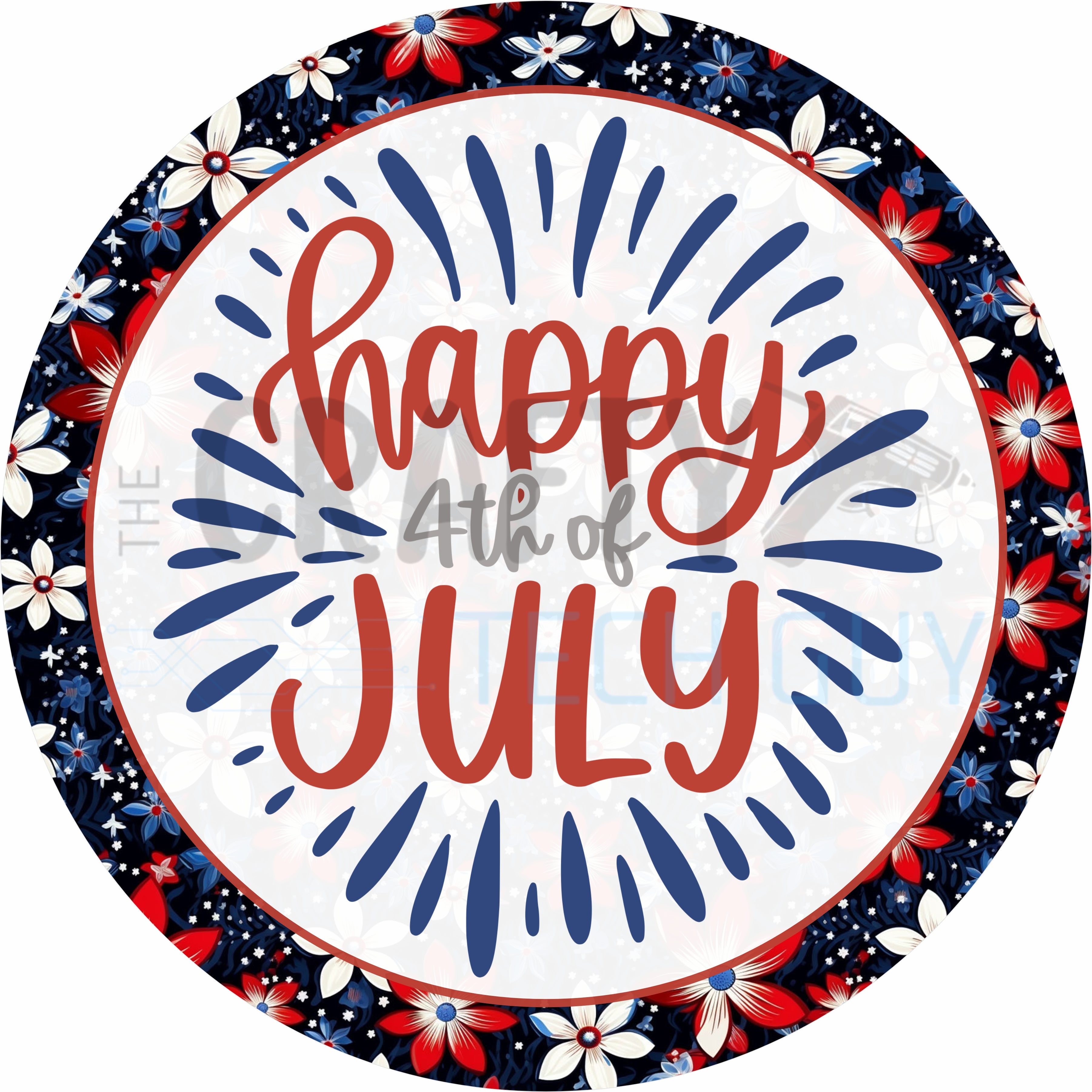 Happy 4th of July Round Wreath Sign – Patriotic Red White & Blue Floral Design with Firework Accents