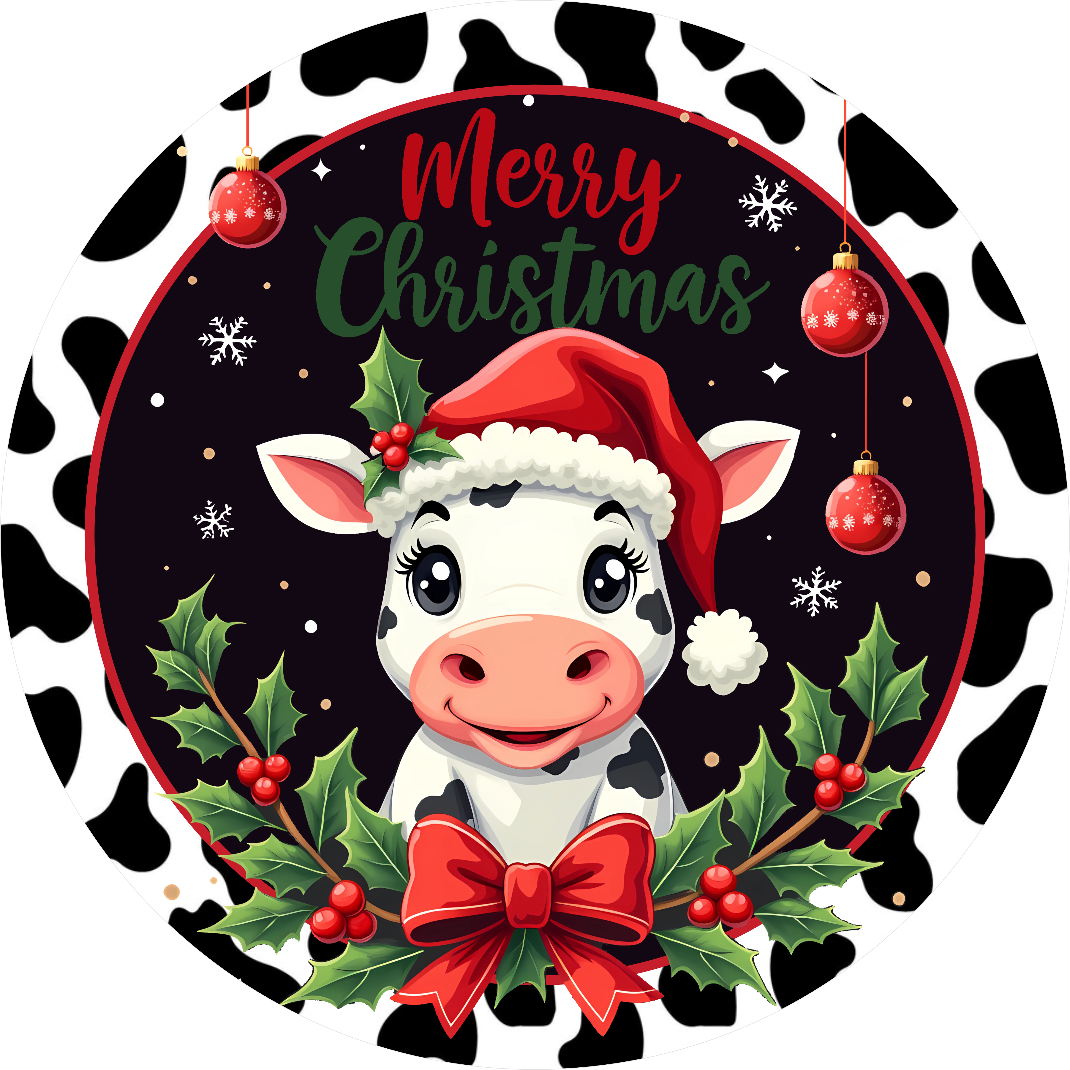 Merry Christmas Cow Sign, Cute Farmhouse Christmas Decor, Cow in Santa Hat Holiday Sign, Country Christmas Decoration, Red and Black Cow Print Wreath Sign, Rustic Animal Christmas Home Accent, Farm Animal Winter Door Hanger Sign for Holidays