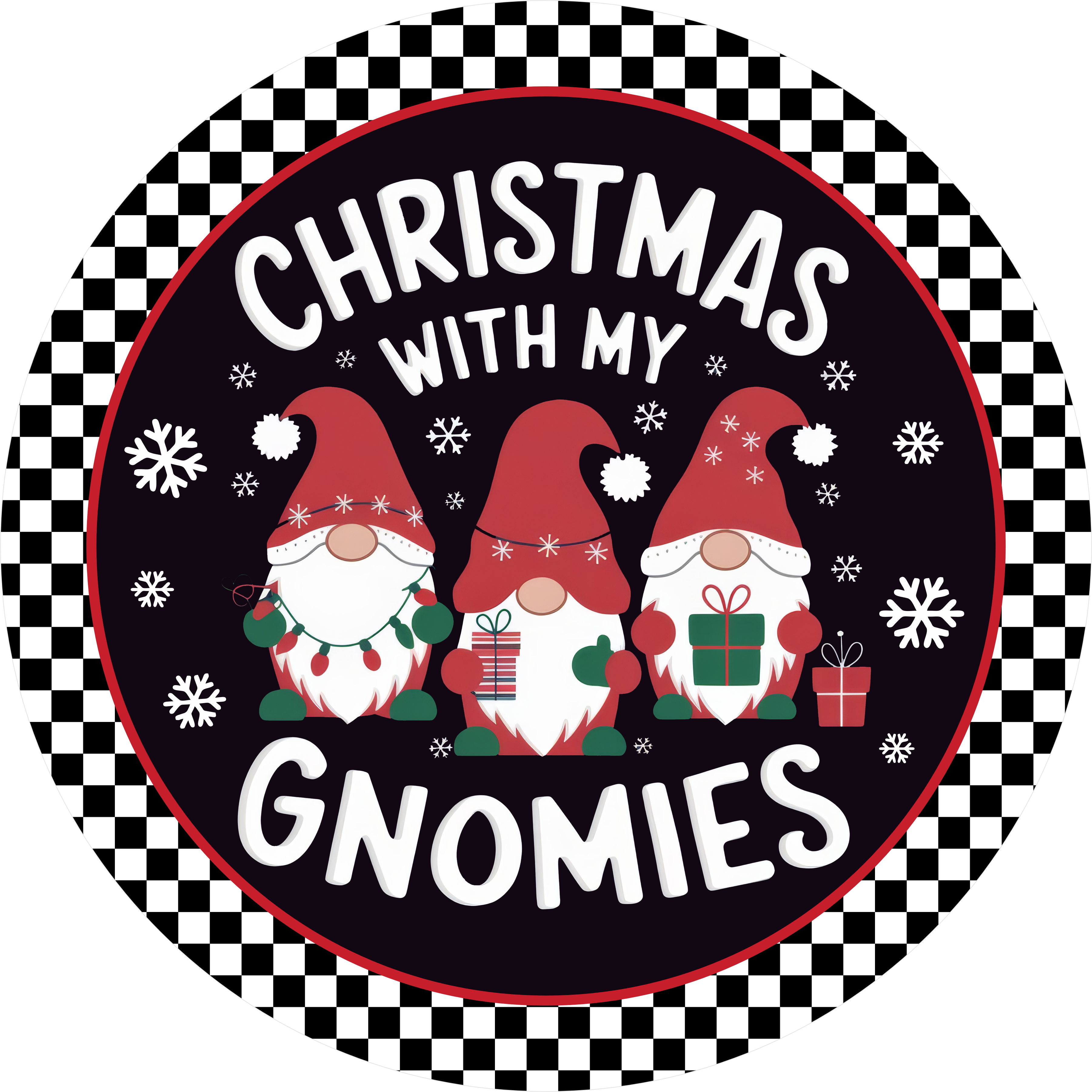 Christmas With My Gnomies Funny Holiday Sign, Cute Gnome Christmas Decor, Red Buffalo Plaid Gnome Sign for Wreaths or Walls, Whimsical Holiday Home Accent, Playful Christmas Decoration for Gnome Lovers, Festive Winter Sign With Snowflakes and Gifts
