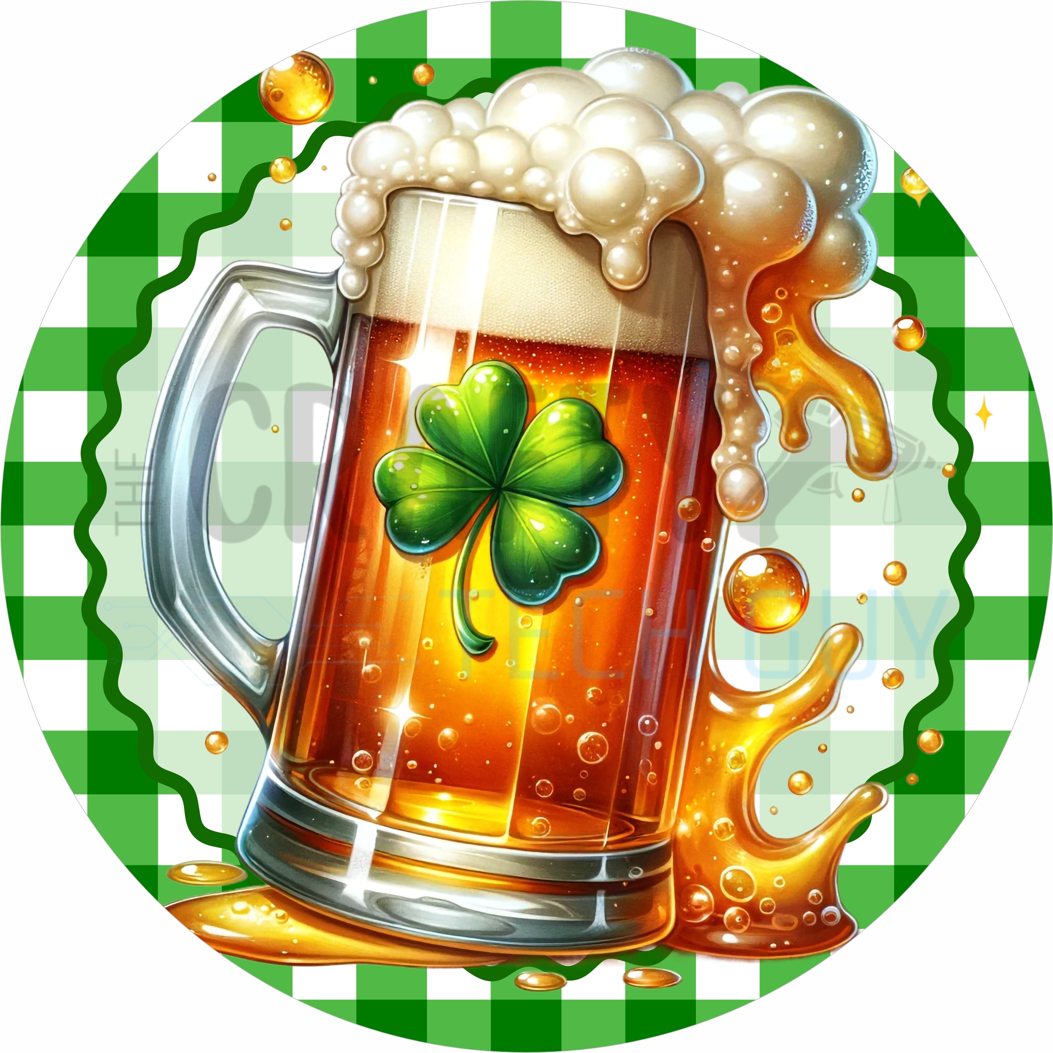 St. Patrick’s Day Shamrock Beer Round Wreath Sign – Festive Irish Brew & Green Gingham Style Design