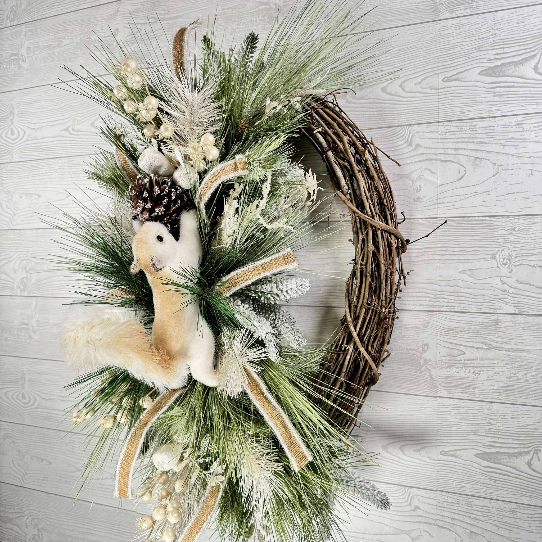 Winter Woodland Squirrel Wreath, Frosted Pine and Burlap Ribbon Door Decor, Rustic Grapevine Christmas Wreath