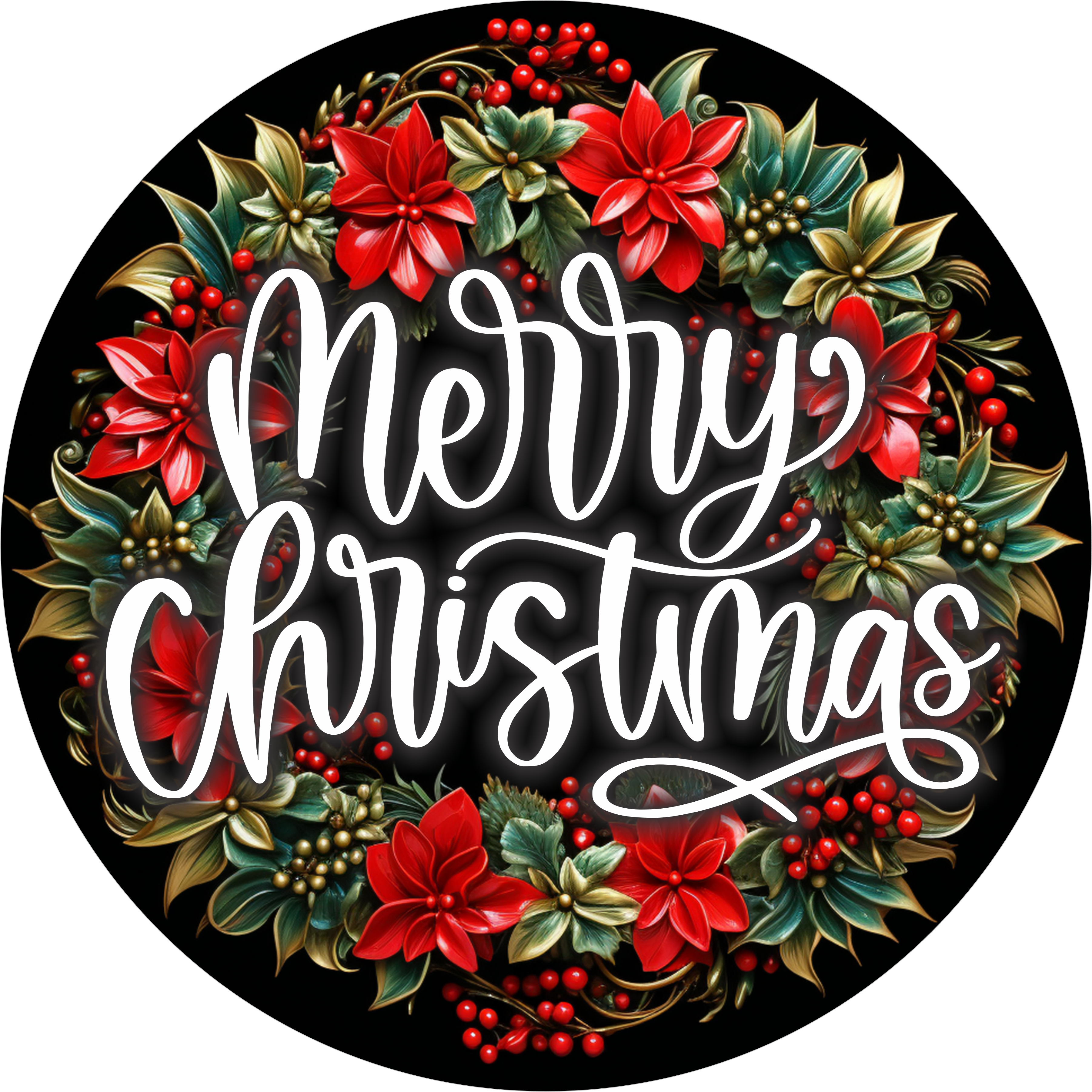 Merry Christmas Floral Sign, Classic Red Poinsettia Wreath Decor, Elegant Holiday Decoration, Greenery and Berry Christmas Art