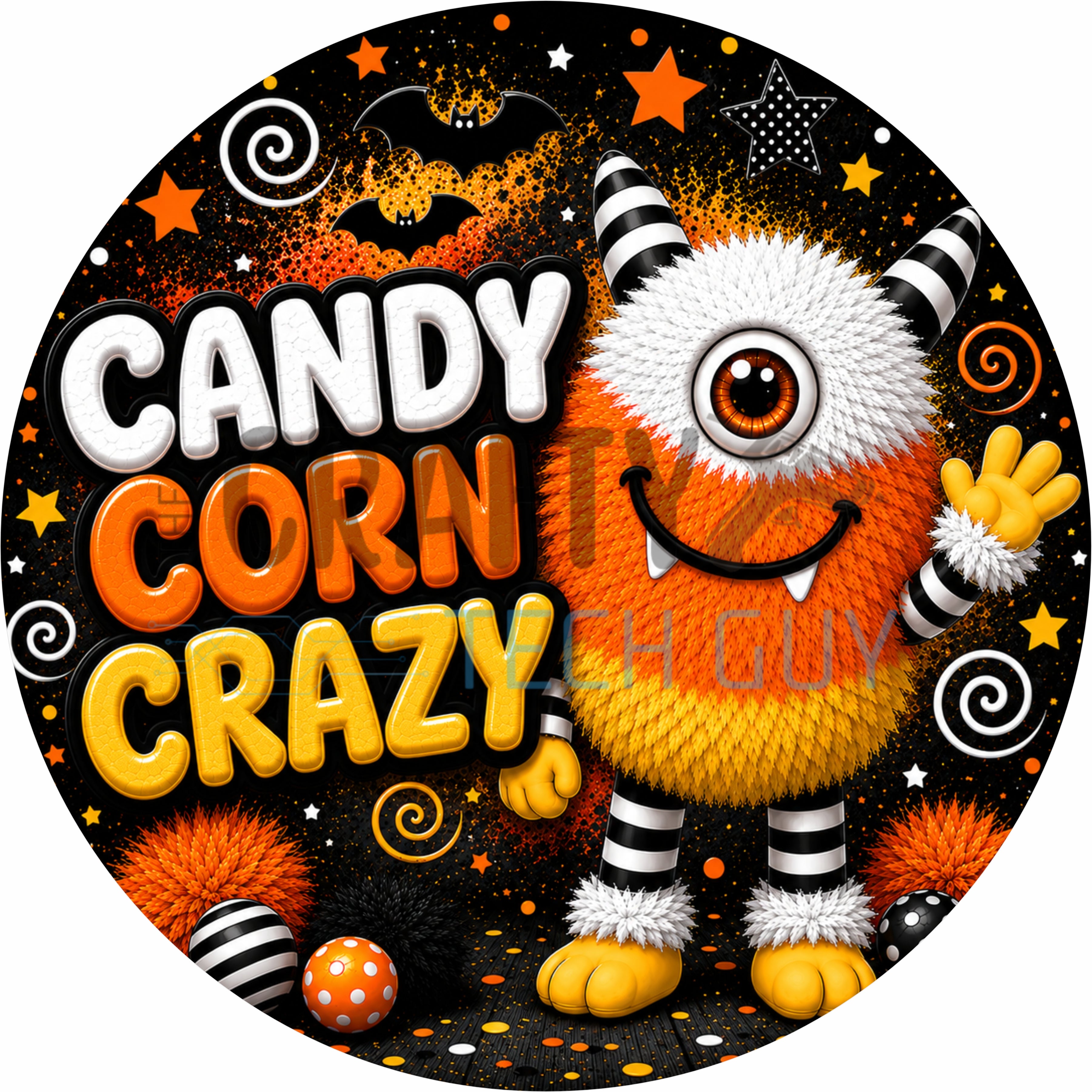 Candy Corn Crazy Striped Monster Round Wreath Sign