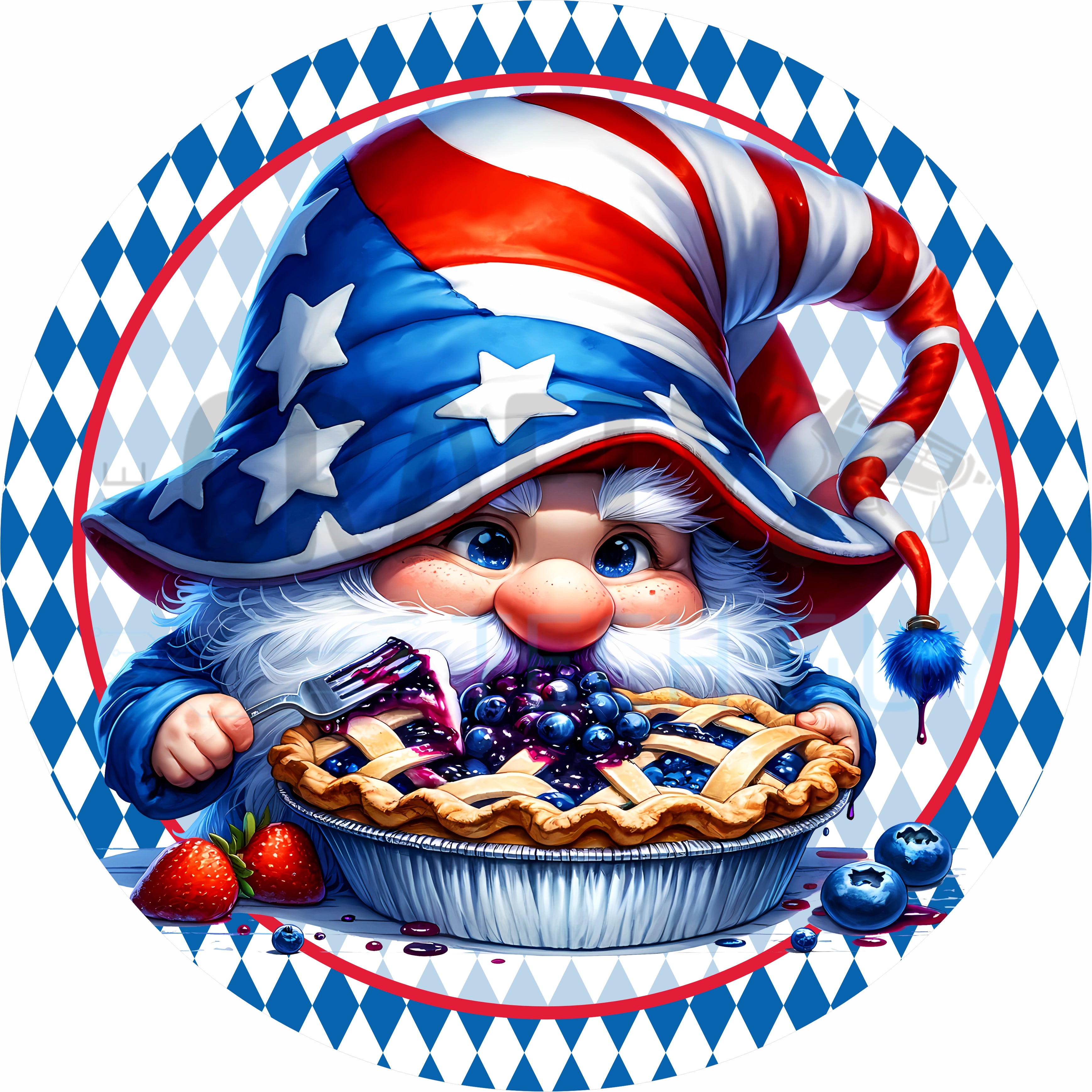 Patriotic Gnome Pie Round Wreath Sign – Sweet Americana Dessert Design with Red White & Blue Charm