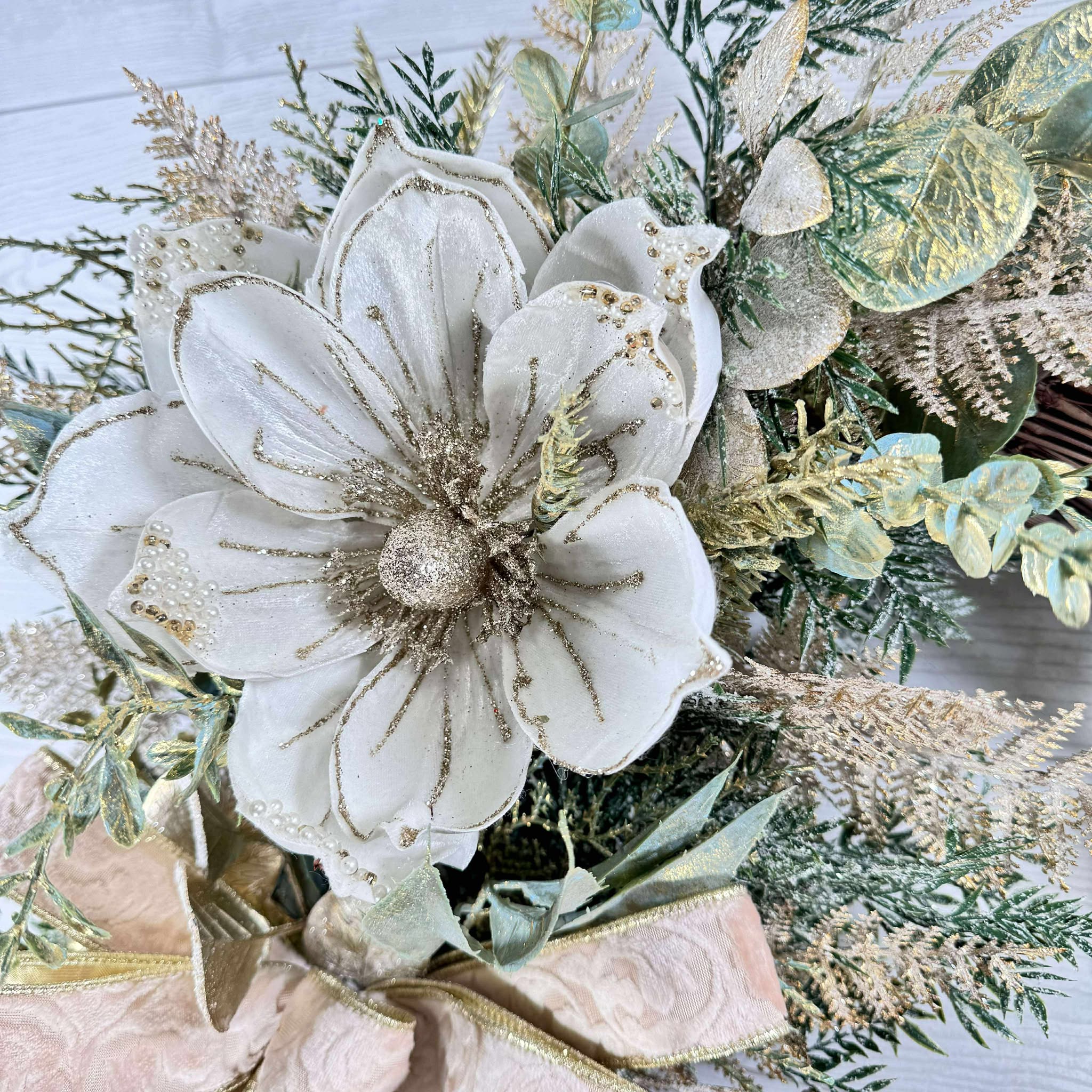 Elegant Winter Magnolia Wreath, Cream and Gold Floral Door Decor, Holiday Grapevine Wreath with Ribbon Bow