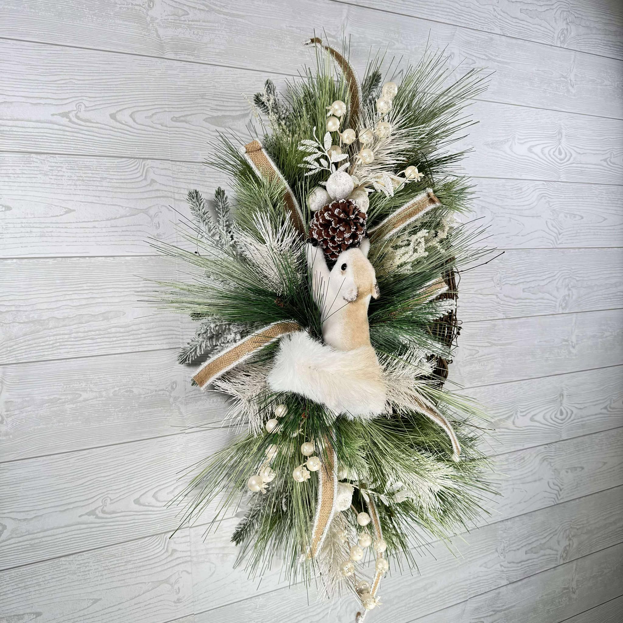 Winter Woodland Squirrel Wreath, Frosted Pine and Burlap Ribbon Door Decor, Rustic Grapevine Christmas Wreath