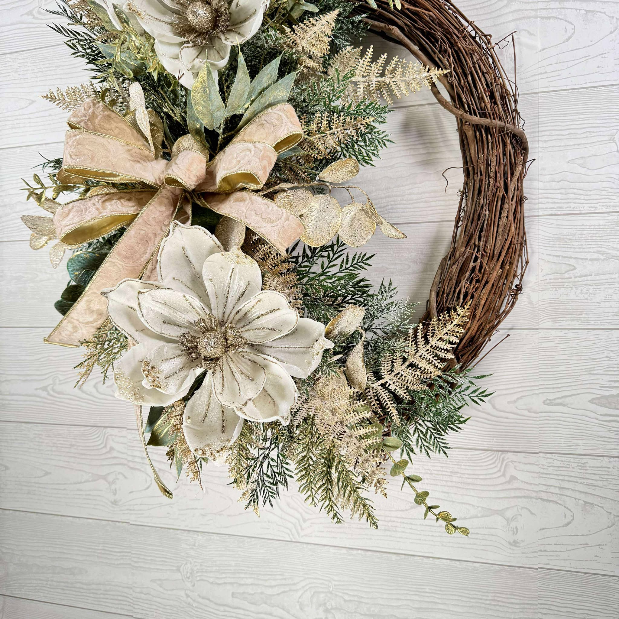 Elegant Winter Magnolia Wreath, Cream and Gold Floral Door Decor, Holiday Grapevine Wreath with Ribbon Bow