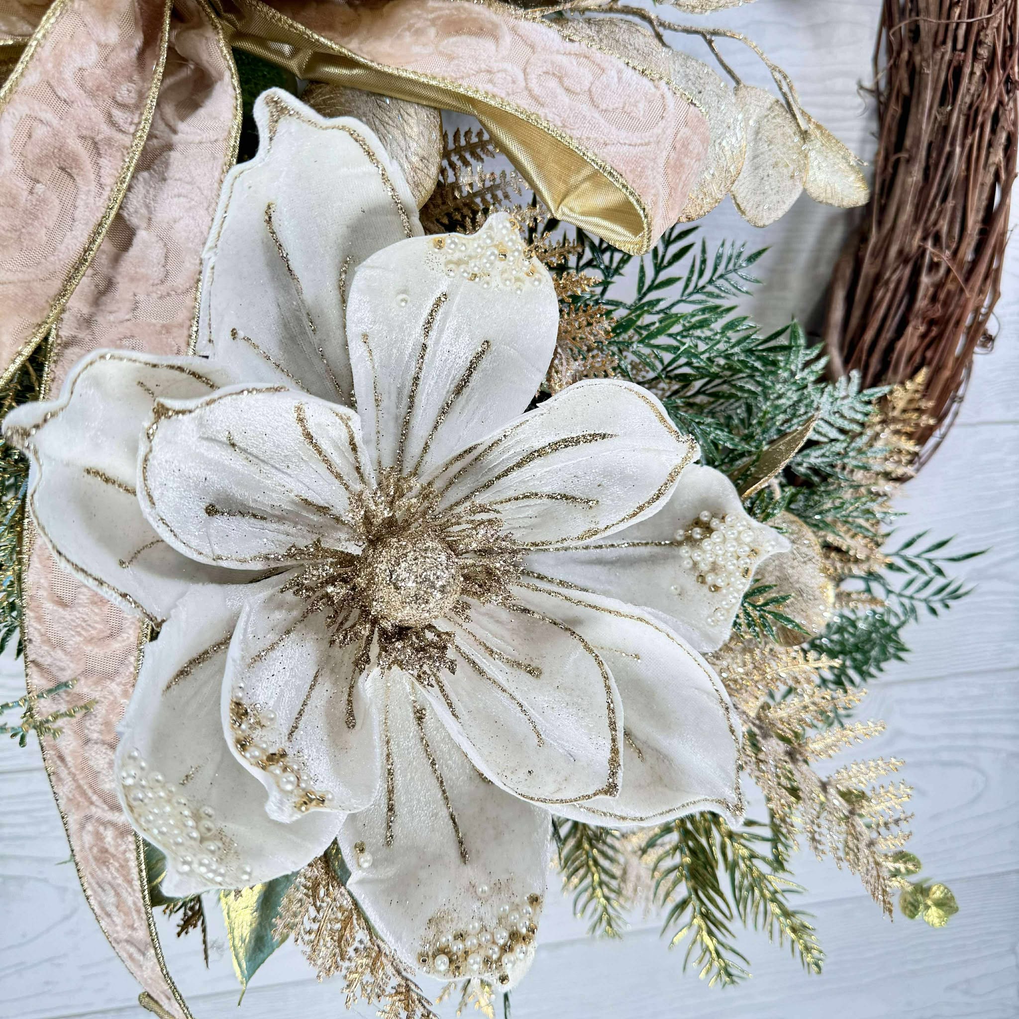 Elegant Winter Magnolia Wreath, Cream and Gold Floral Door Decor, Holiday Grapevine Wreath with Ribbon Bow