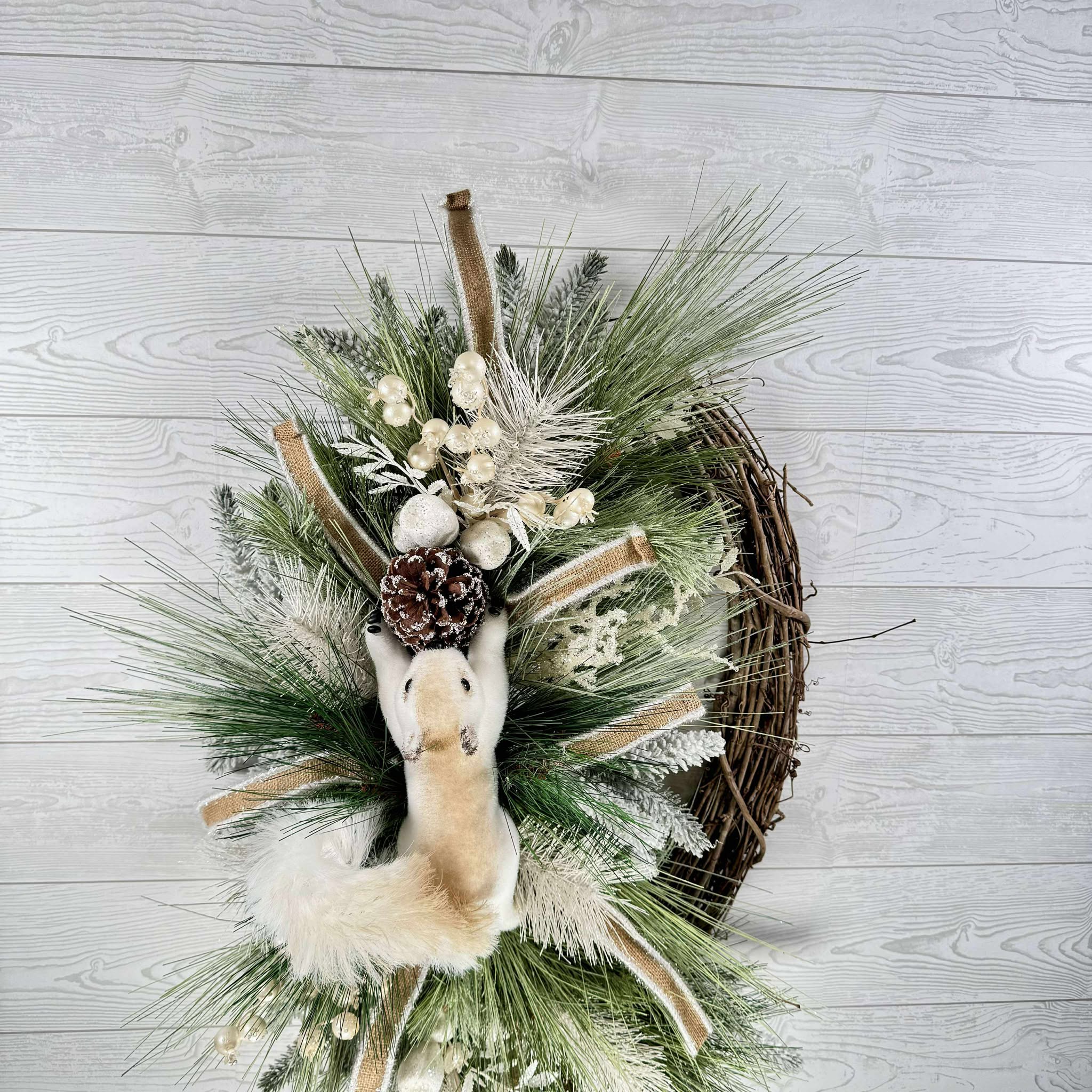 Winter Woodland Squirrel Wreath, Frosted Pine and Burlap Ribbon Door Decor, Rustic Grapevine Christmas Wreath