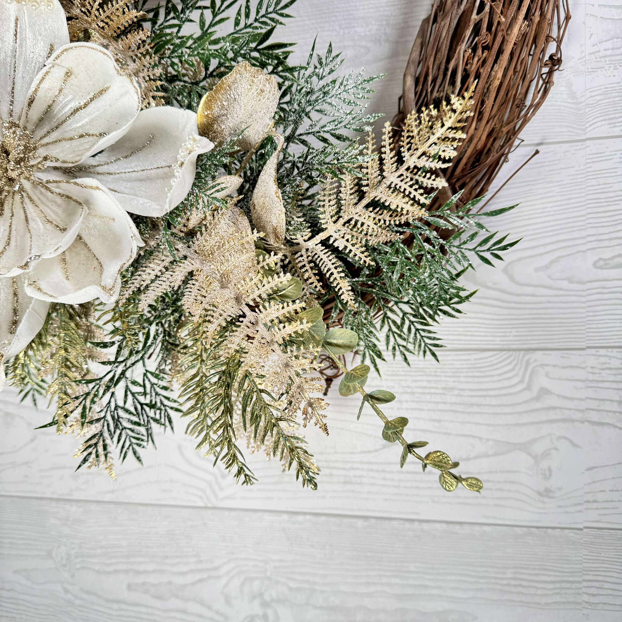Elegant Winter Magnolia Wreath, Cream and Gold Floral Door Decor, Holiday Grapevine Wreath with Ribbon Bow