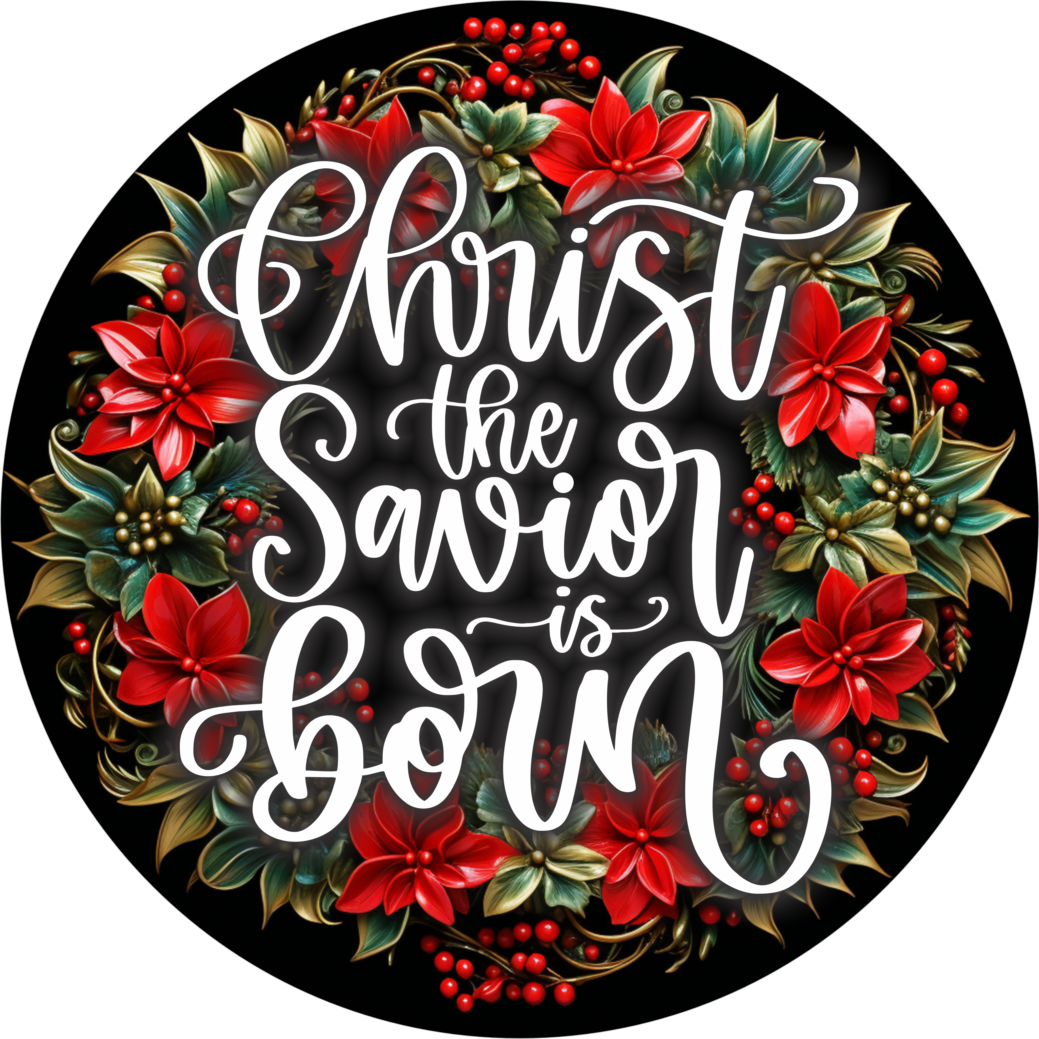 Christ The Savior Is Born Sign, Christian Christmas Wreath Decor, Faith-Based Holiday Sign with Poinsettias, Elegant Religious Art