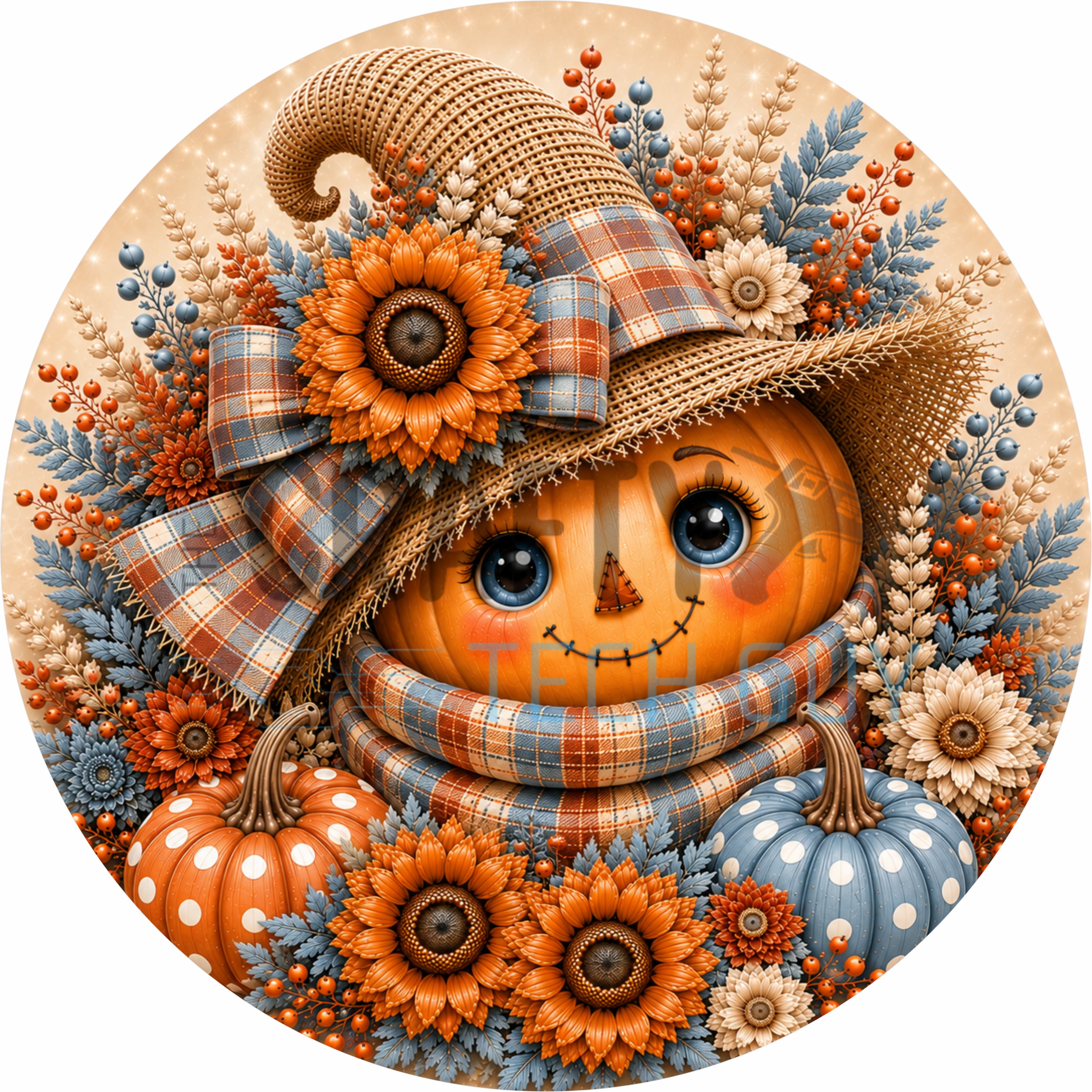 Blue Harvest Scarecrow Pumpkin Round Wreath Sign