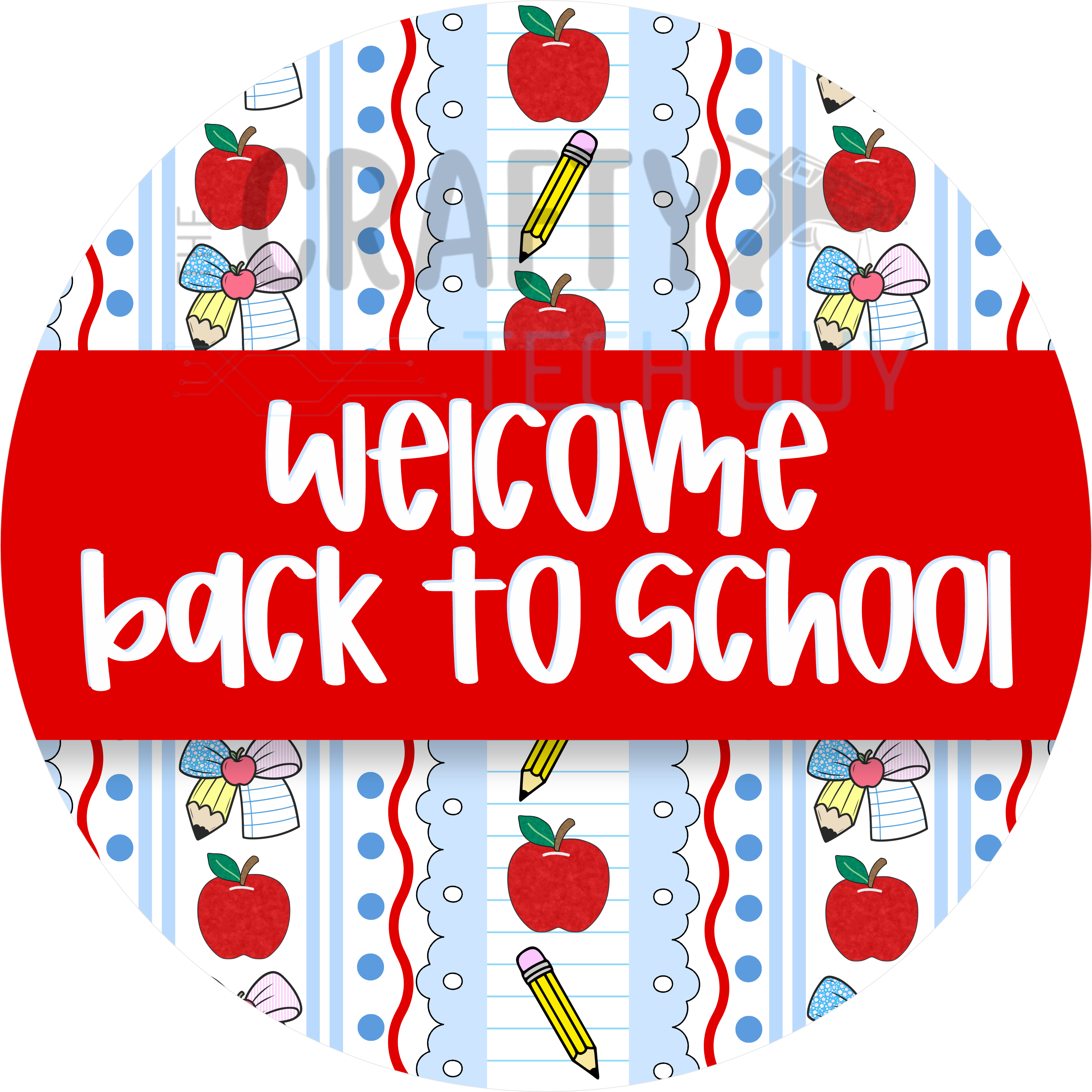 Welcome Back to School Sign with Red Apples, Pencils, and Polka Dot Notebook Paper Pattern for Teachers and Classroom Décor