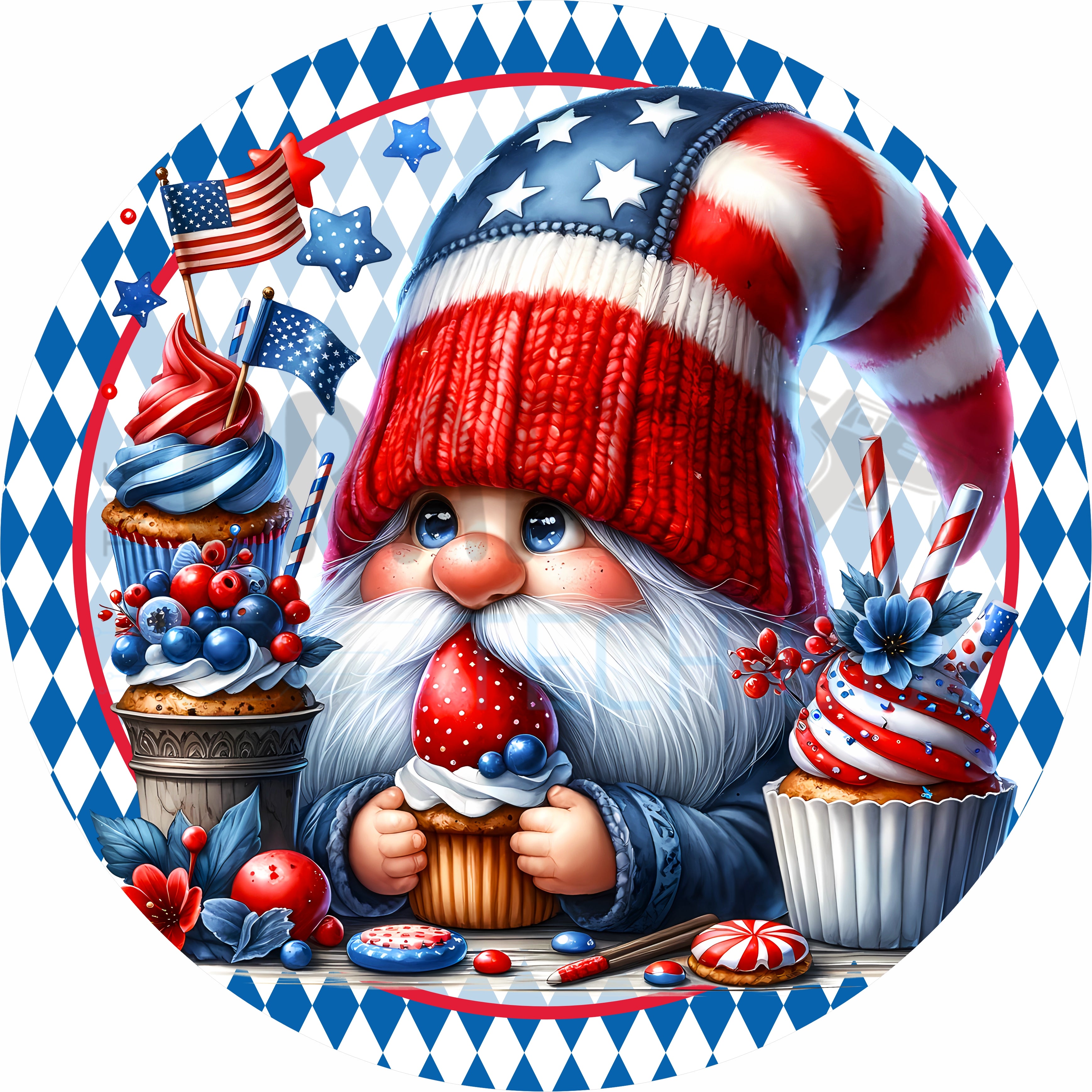 Patriotic Gnome Cupcake Round Wreath Sign – Sweet Red White & Blue Dessert Design with Americana Charm