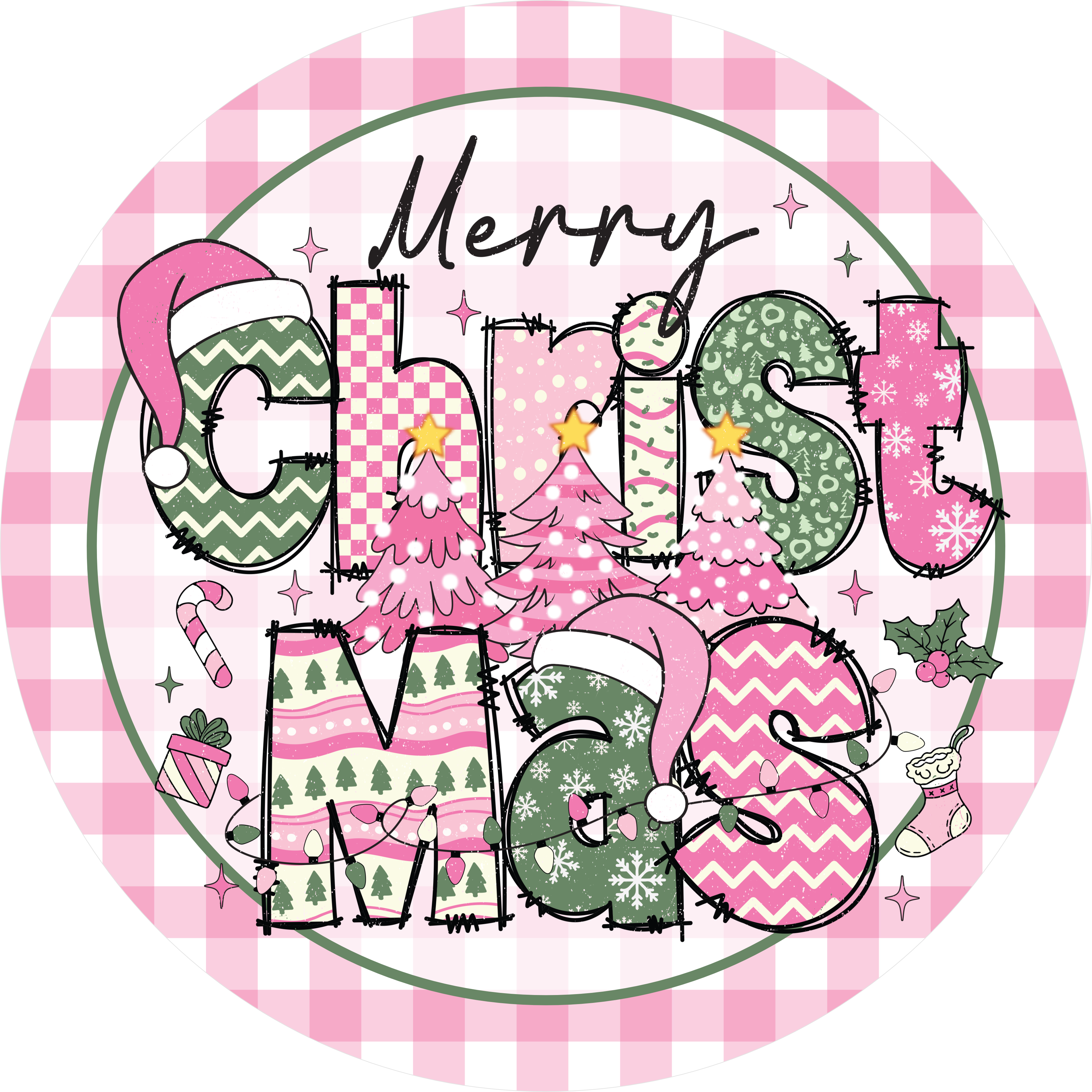 Pink Patchwork Christmas Sign, Merry Christmas Tree Design, Girly Holiday Decor, Cute Whimsical Gingham and Patterned Letter Art