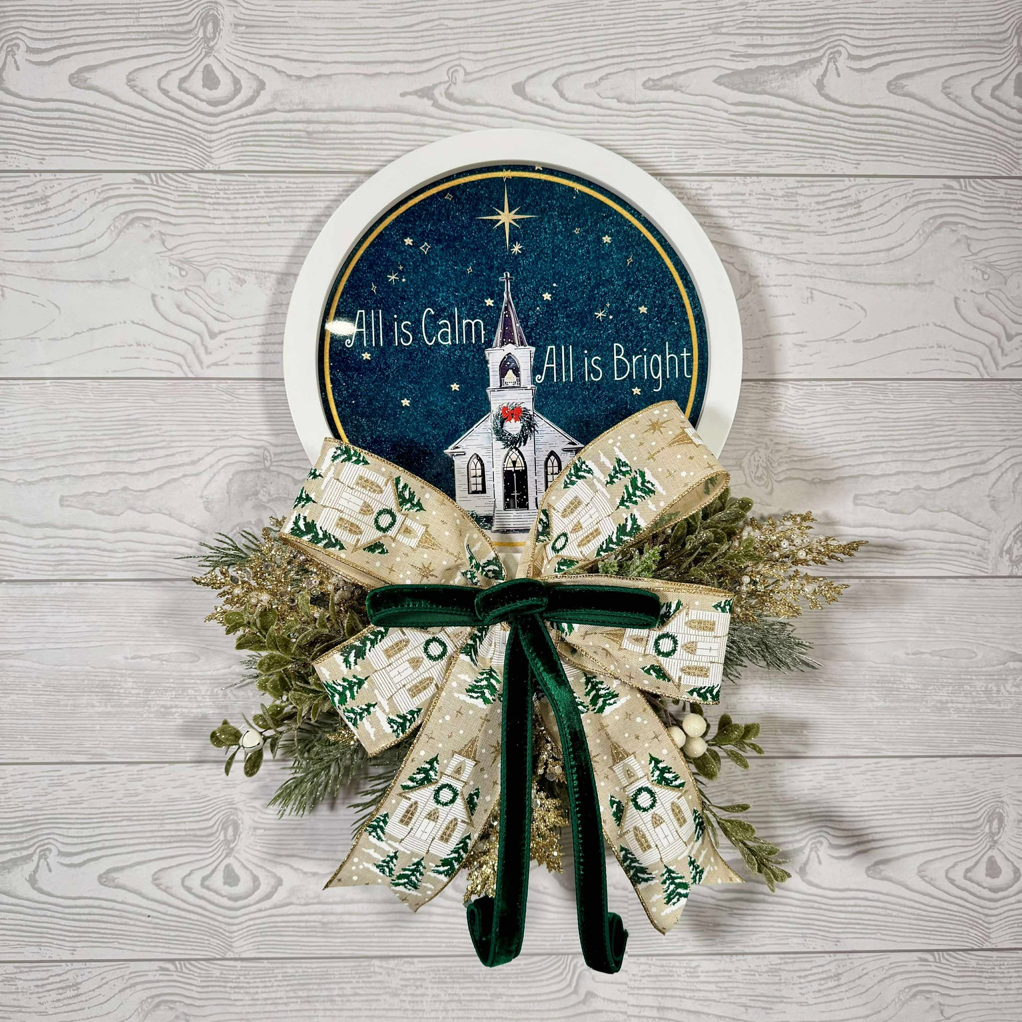 All Is Calm, All Is Bright Framed Christmas Sign with Greenery and Velvet Bow – Handmade Holiday Wall Décor