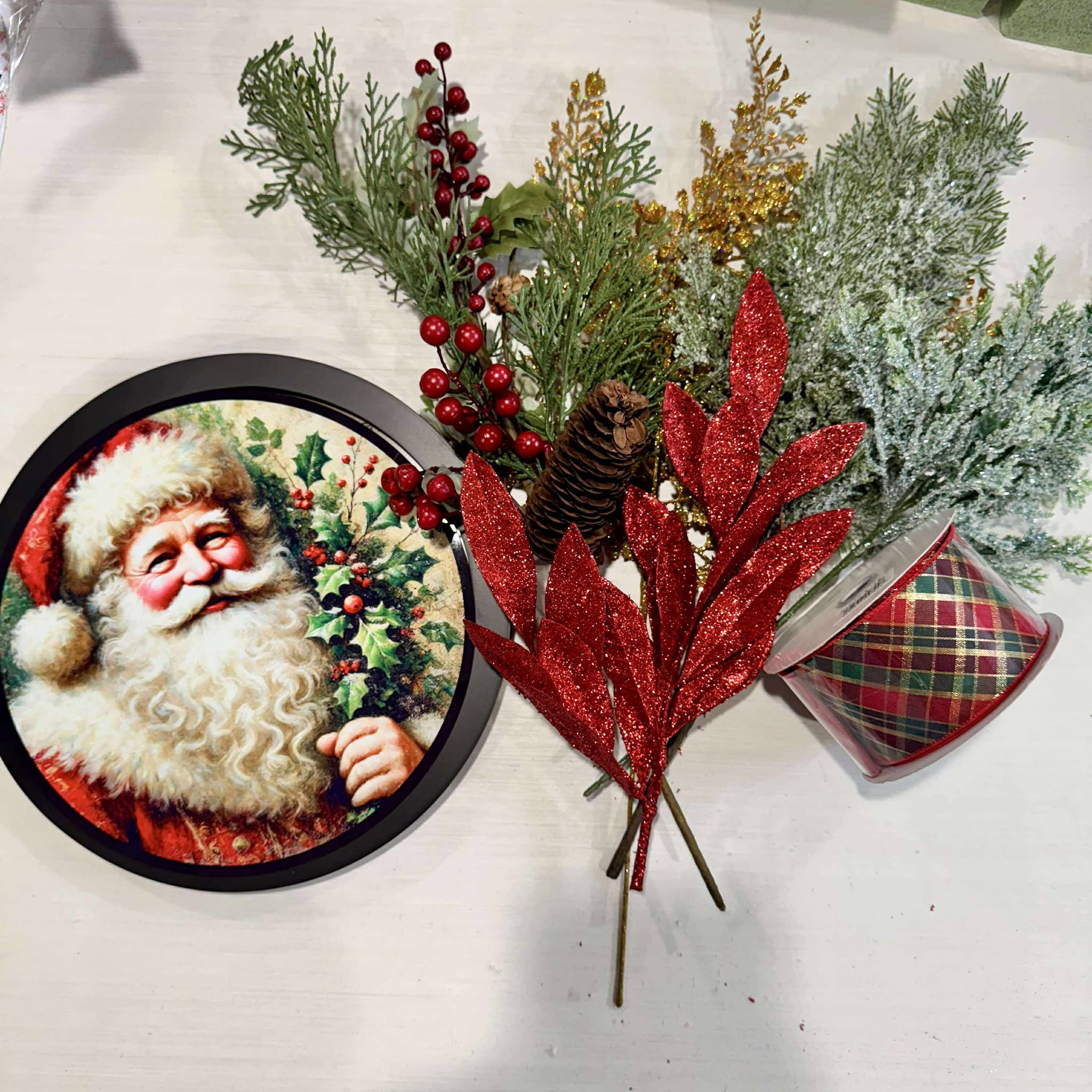 FrameFlair Kit Featuring Vintage Santa Sign | Classic Christmas DIY Floral Frame Kit with Stick-e-Stake™