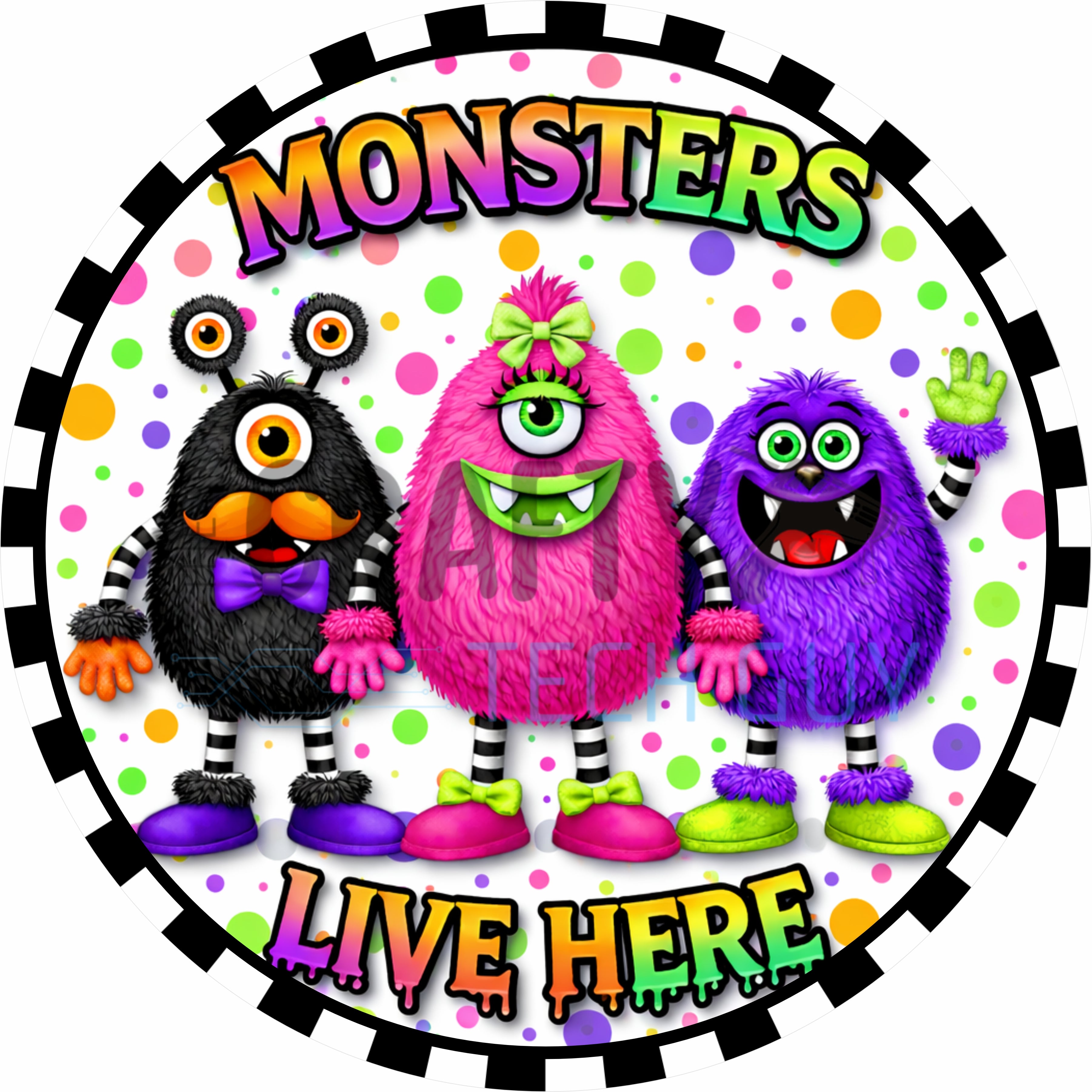 Colorful Polka Dot Monsters Live Here Halloween Round Wreath Sign